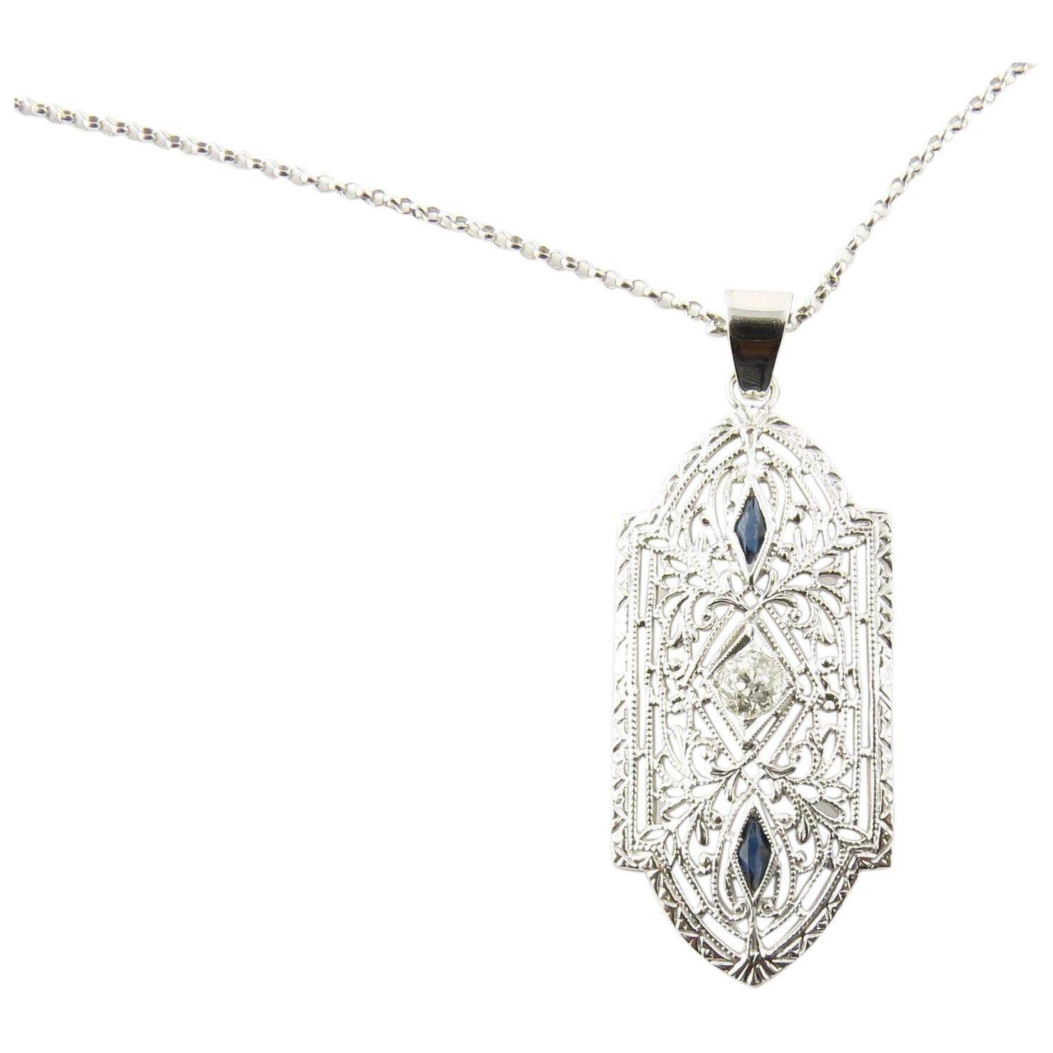 Women's 10 Karat White Gold Filigree, Diamond and Sapphire Pendant 14 Karat Necklace