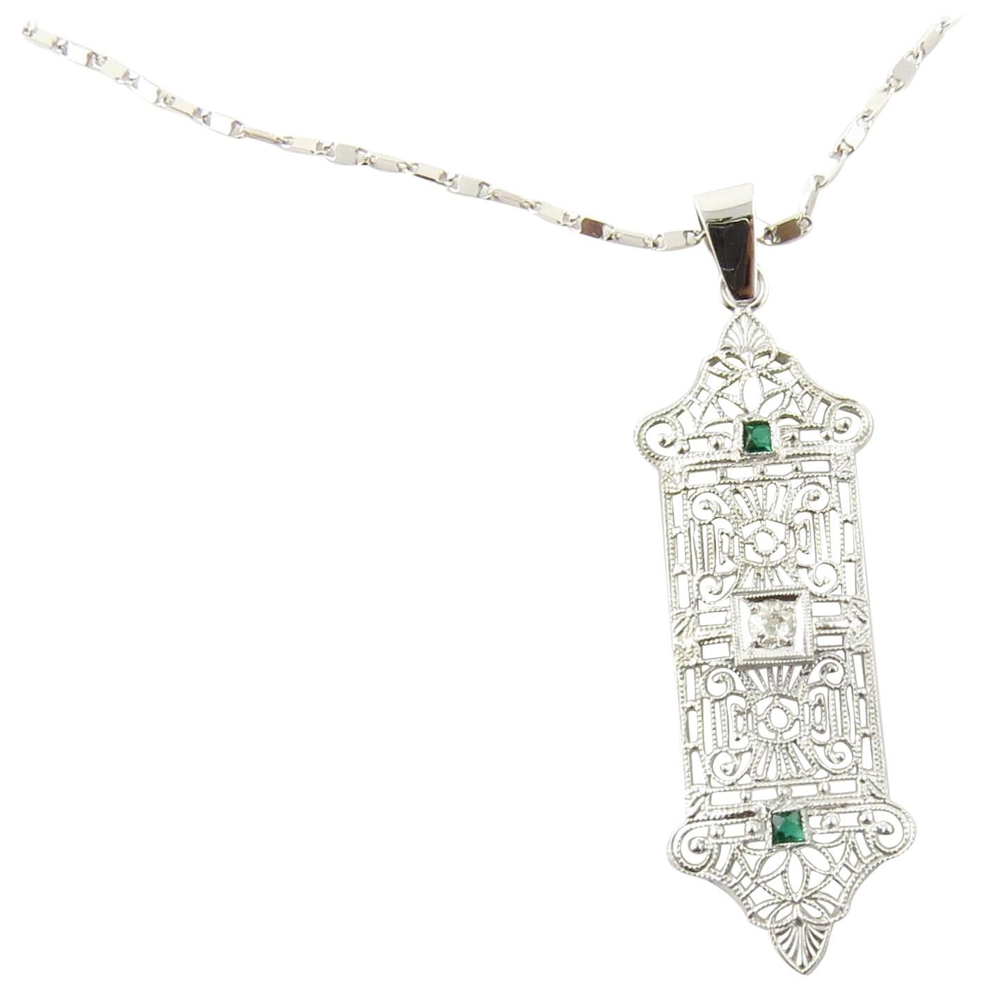 10 Karat White Gold Filigree, Diamond and Sapphire Pendant 14 Karat Necklace