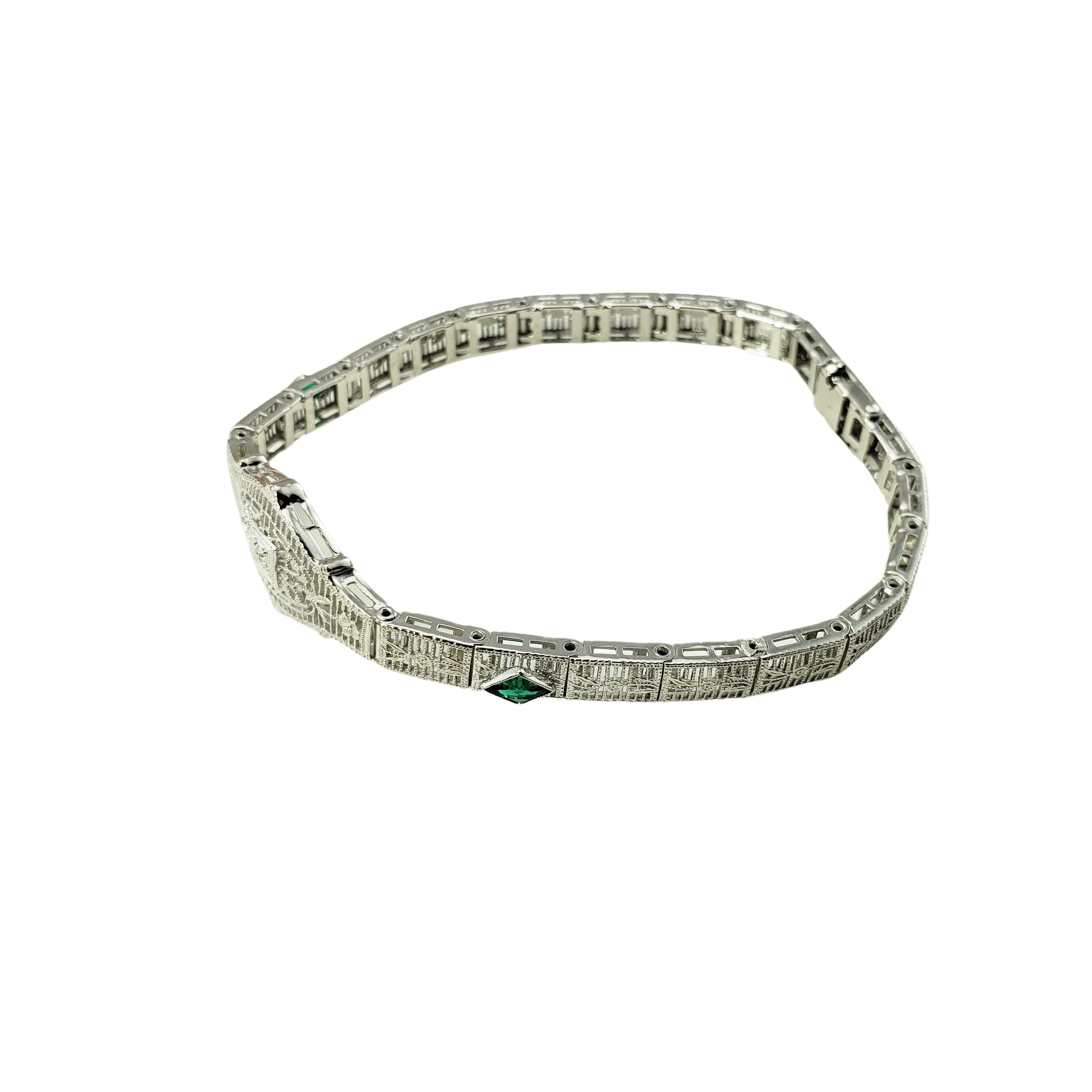 Single Cut 10 Karat White Gold Filigree Diamond and Simulated Emerald Bracelet For Sale
