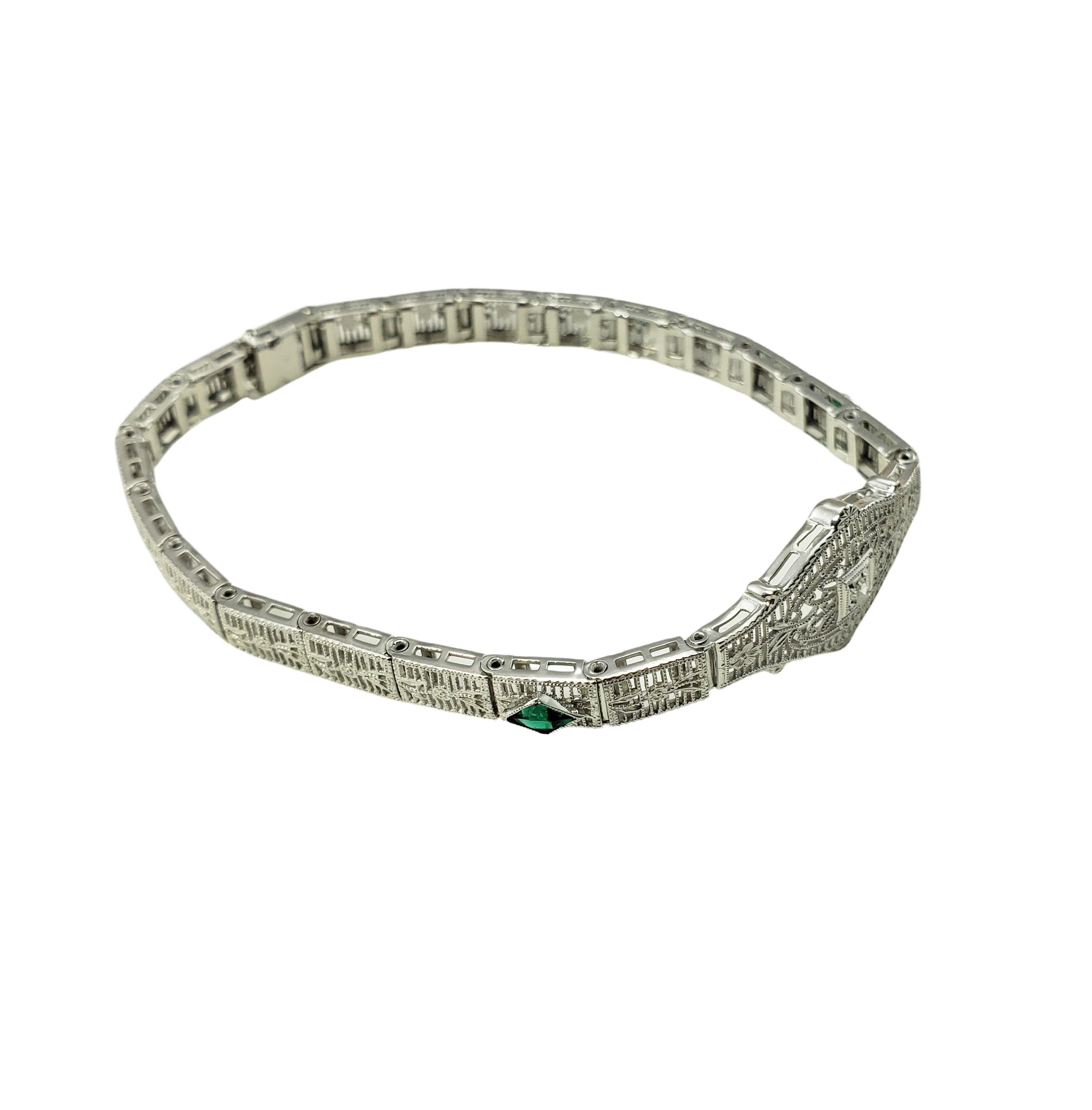10 Karat White Gold Filigree Diamond and Simulated Emerald Bracelet In Good Condition For Sale In Washington Depot, CT