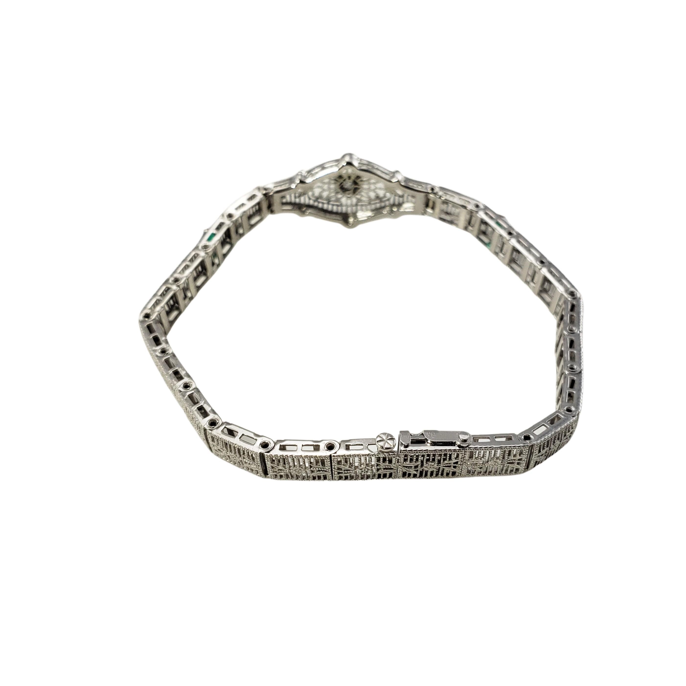 Women's 10 Karat White Gold Filigree Diamond and Simulated Emerald Bracelet For Sale