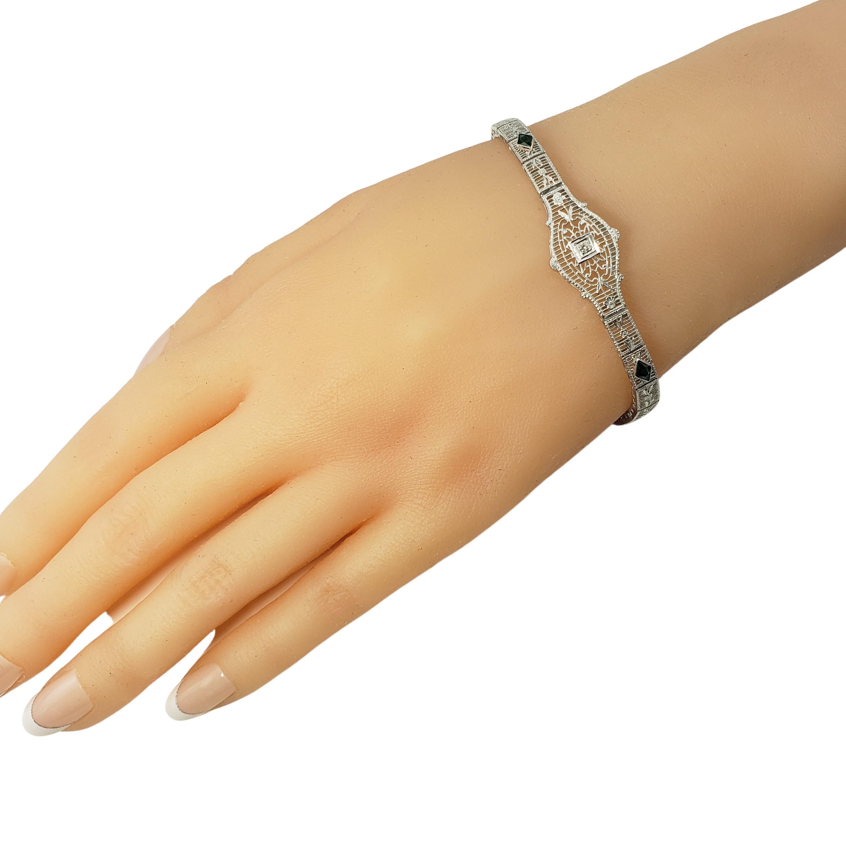 10 Karat White Gold Filigree Diamond and Simulated Emerald Bracelet For Sale 2