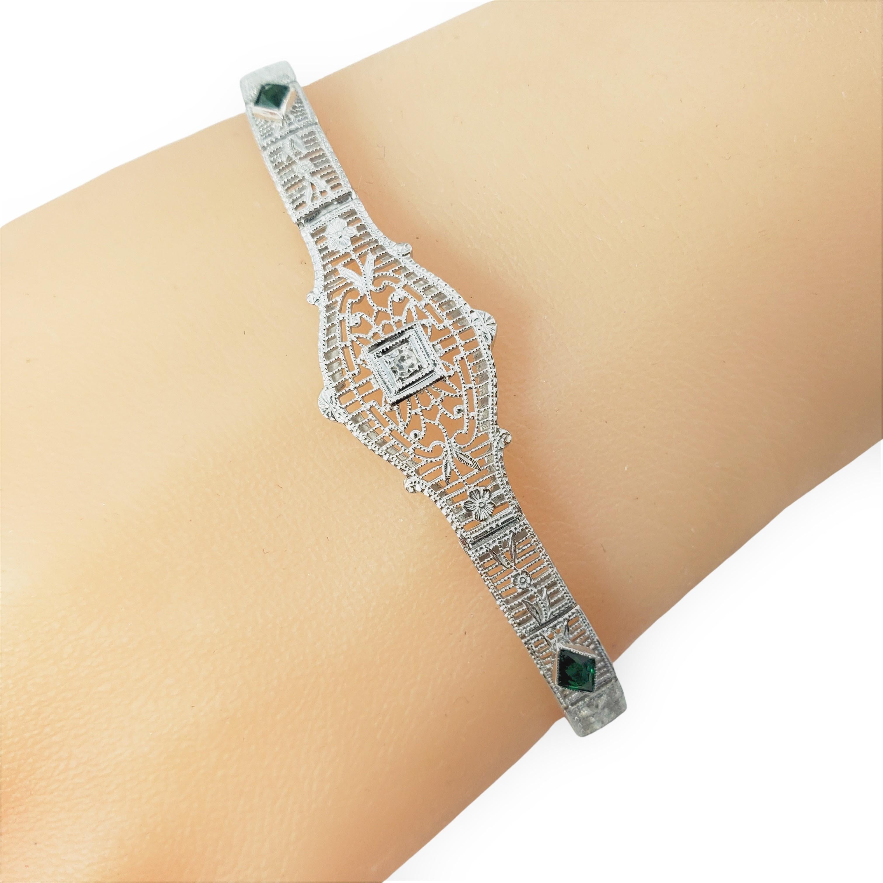 10 Karat White Gold Filigree Diamond and Simulated Emerald Bracelet For Sale 3