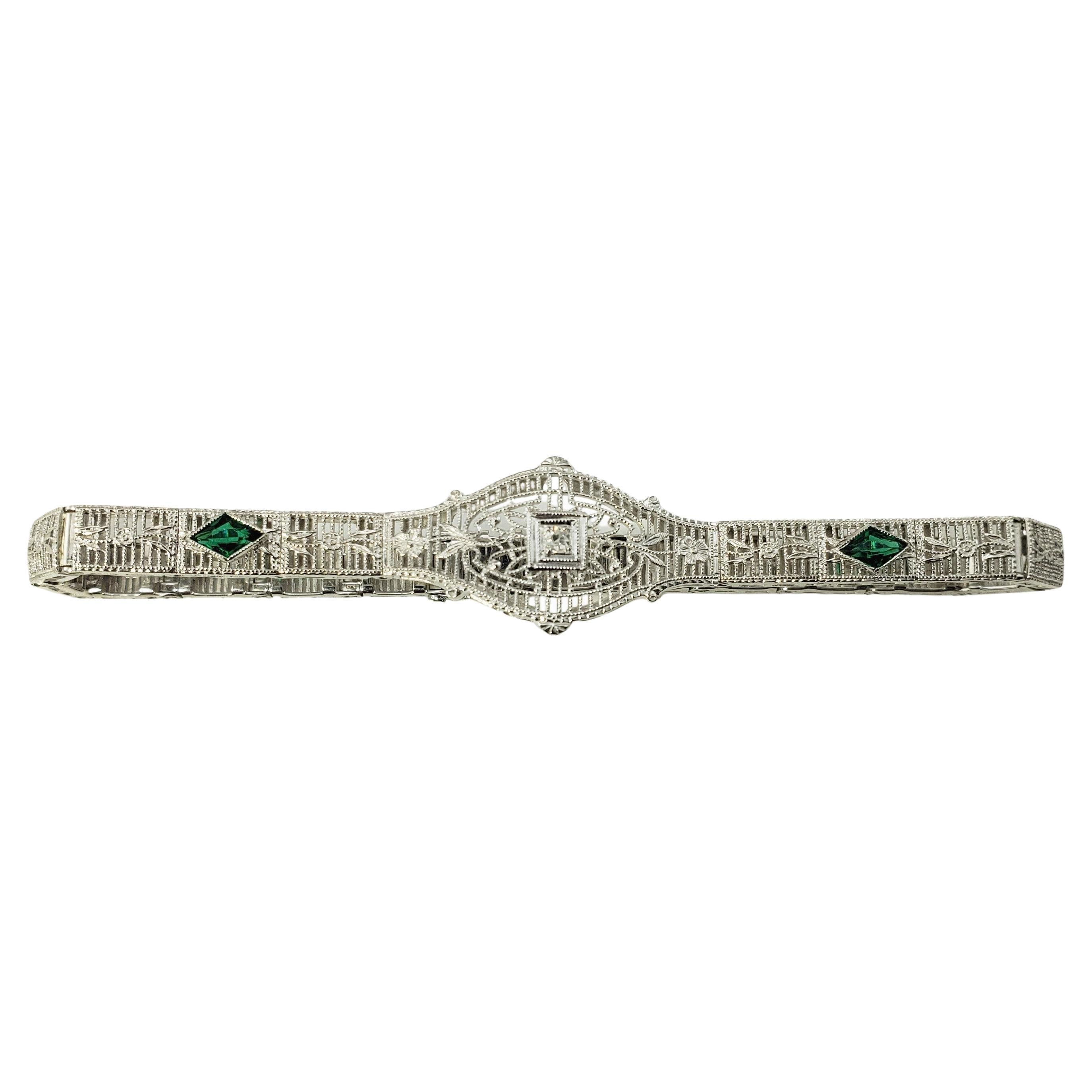 10 Karat White Gold Filigree Diamond and Simulated Emerald Bracelet For Sale