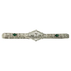 Vintage 10 Karat White Gold Filigree Diamond and Simulated Emerald Bracelet
