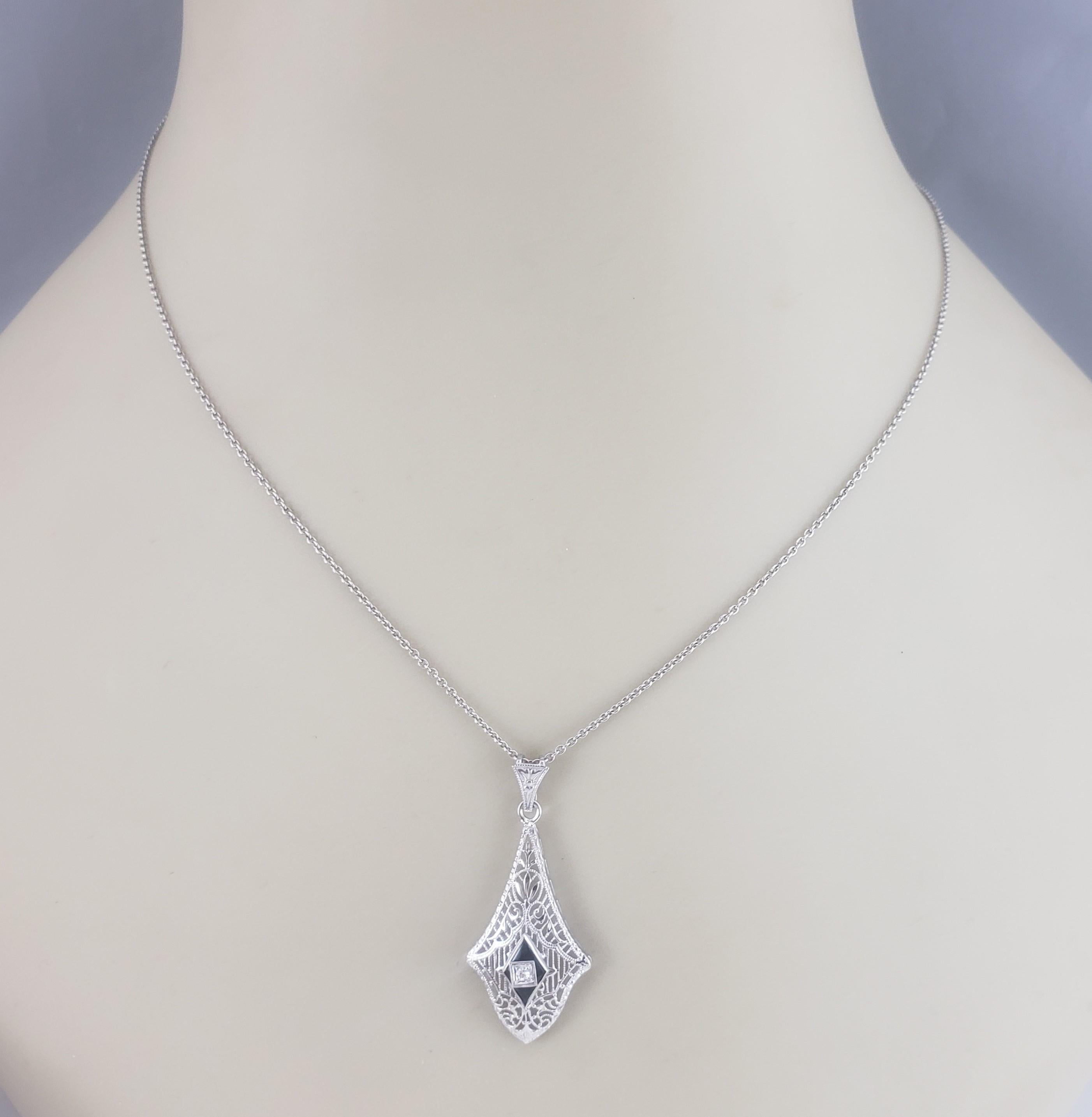 10 Karat White Gold Filigree Onyx and Diamond Pendant #16743 For Sale 1