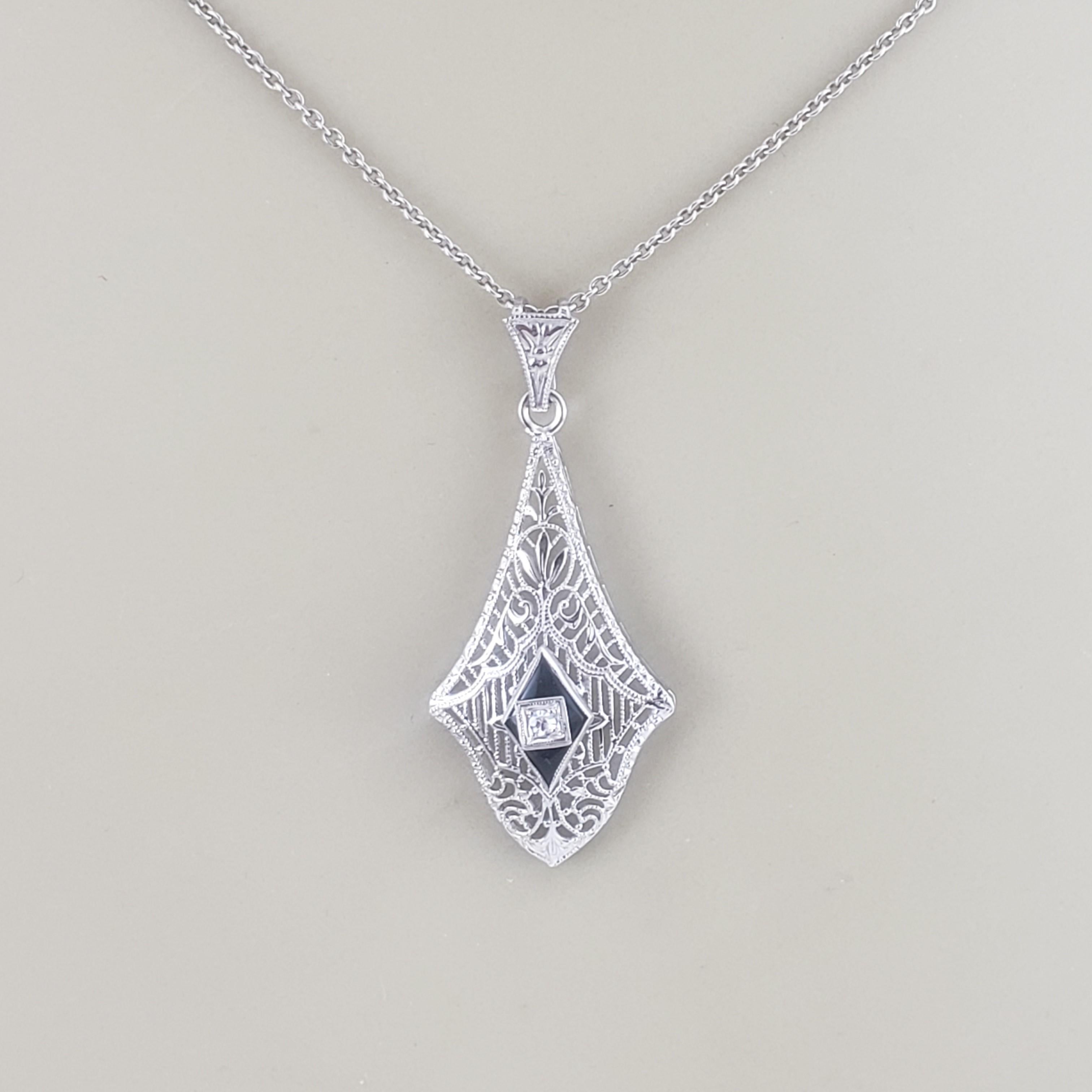 10 Karat White Gold Filigree Onyx and Diamond Pendant #16743 For Sale 2