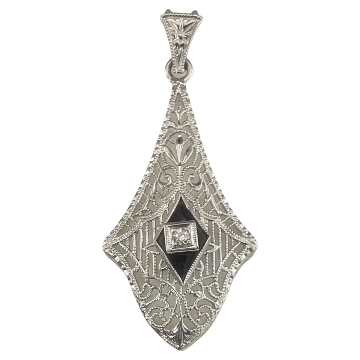 10 Karat White Gold Filigree Onyx and Diamond Pendant #16743 For Sale