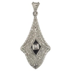 Antique 10 Karat White Gold Filigree Onyx and Diamond Pendant #16743