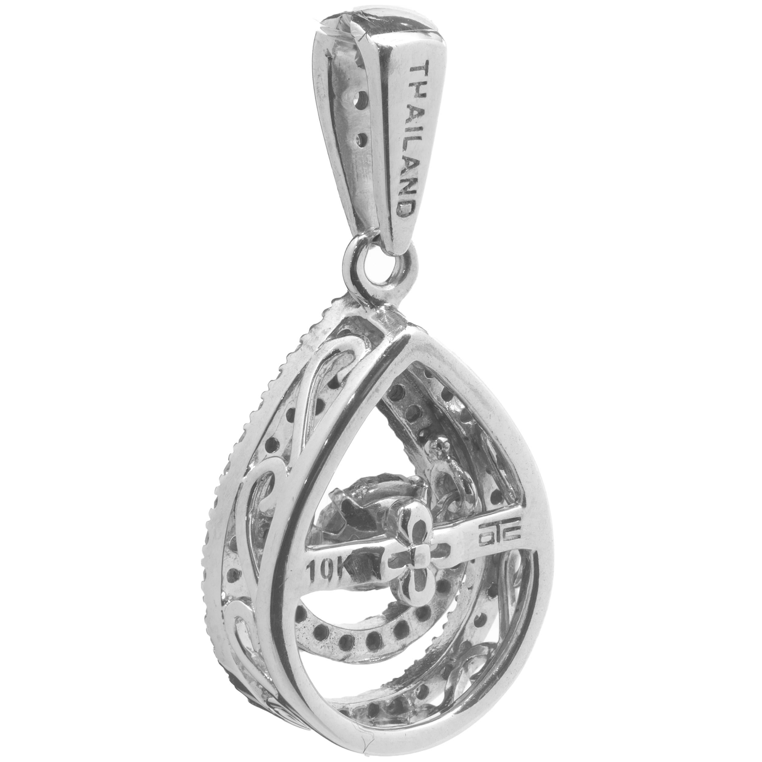 Material: 10K white gold
Diamond:  round brilliant cut = .25cttw
Color: H
Clarity: SI2
Dimensions: pendant measures 22.60mm in length
Weight: 1.65 grams
