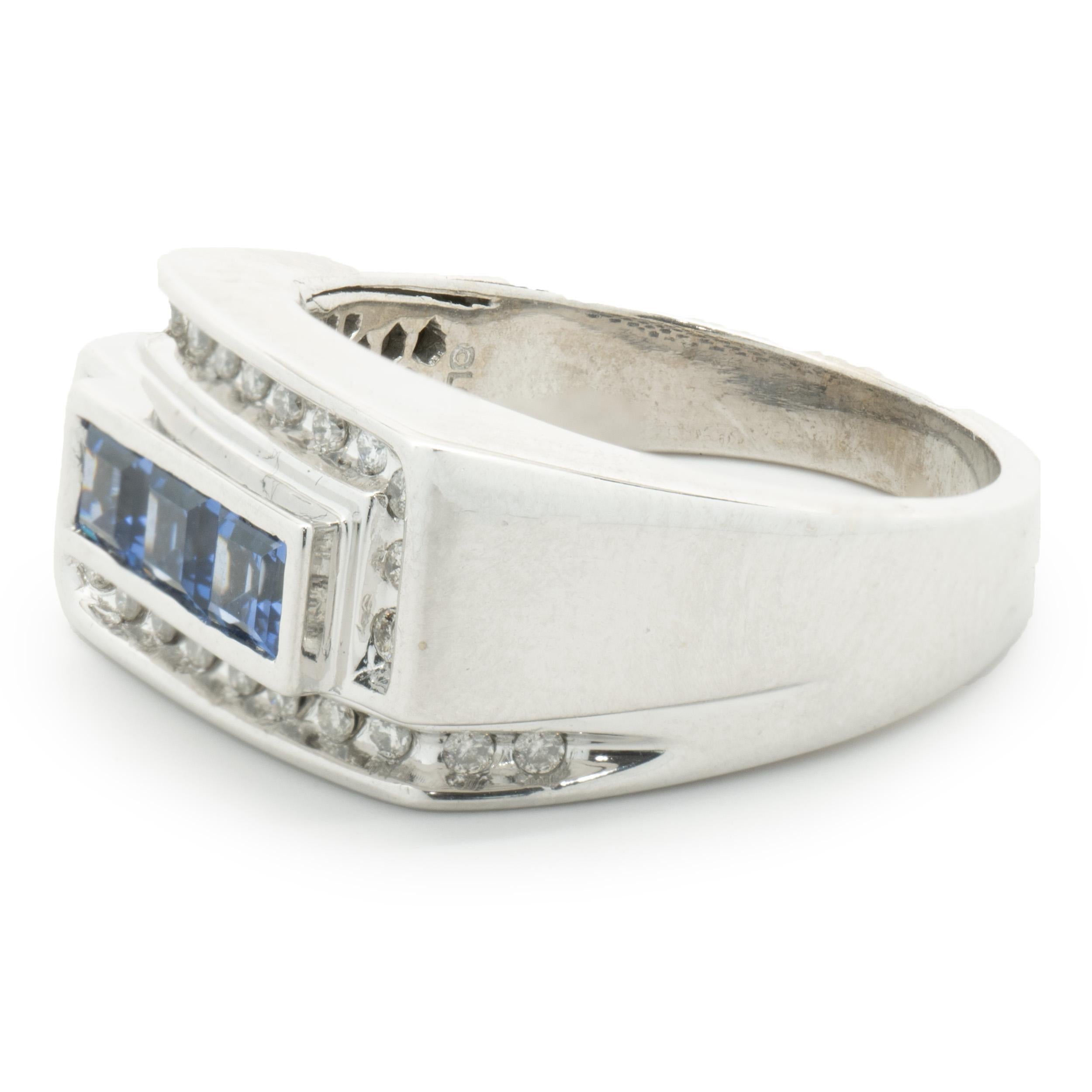 Princess Cut 10 Karat White Gold Gents Sapphire and Diamond Signet Style Ring For Sale