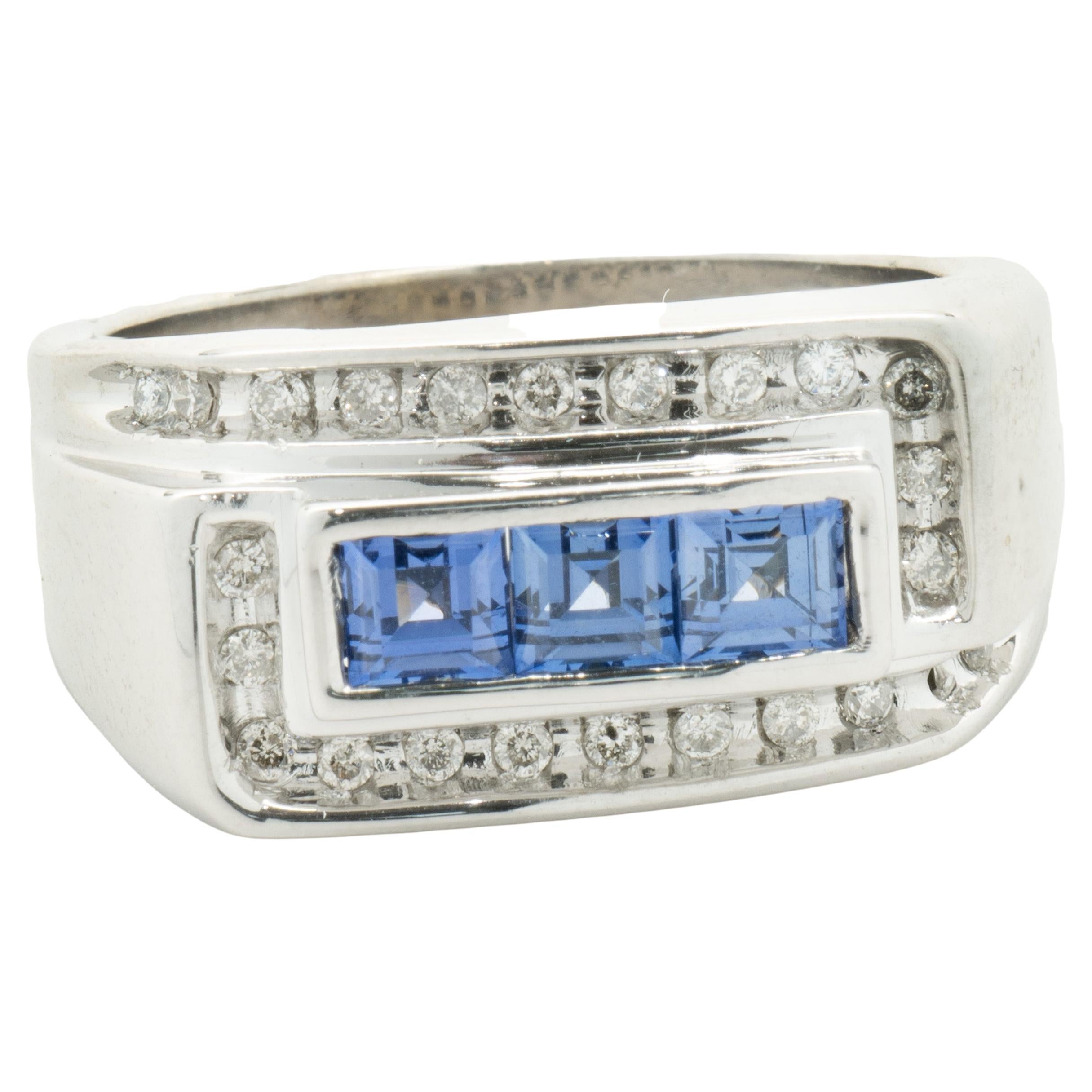 10 Karat White Gold Gents Sapphire and Diamond Signet Style Ring For Sale
