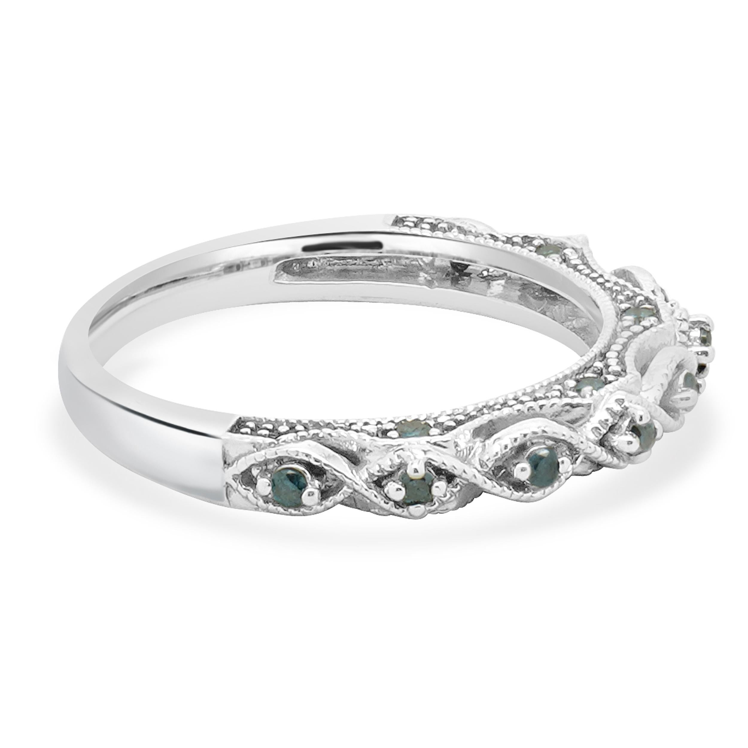 Round Cut 10 Karat White Gold Irradiated Blue Diamond Contoured Band For Sale