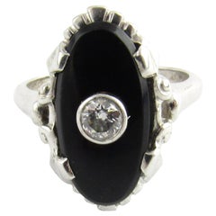 Vintage 10 Karat White Gold Onyx and Diamond Ring