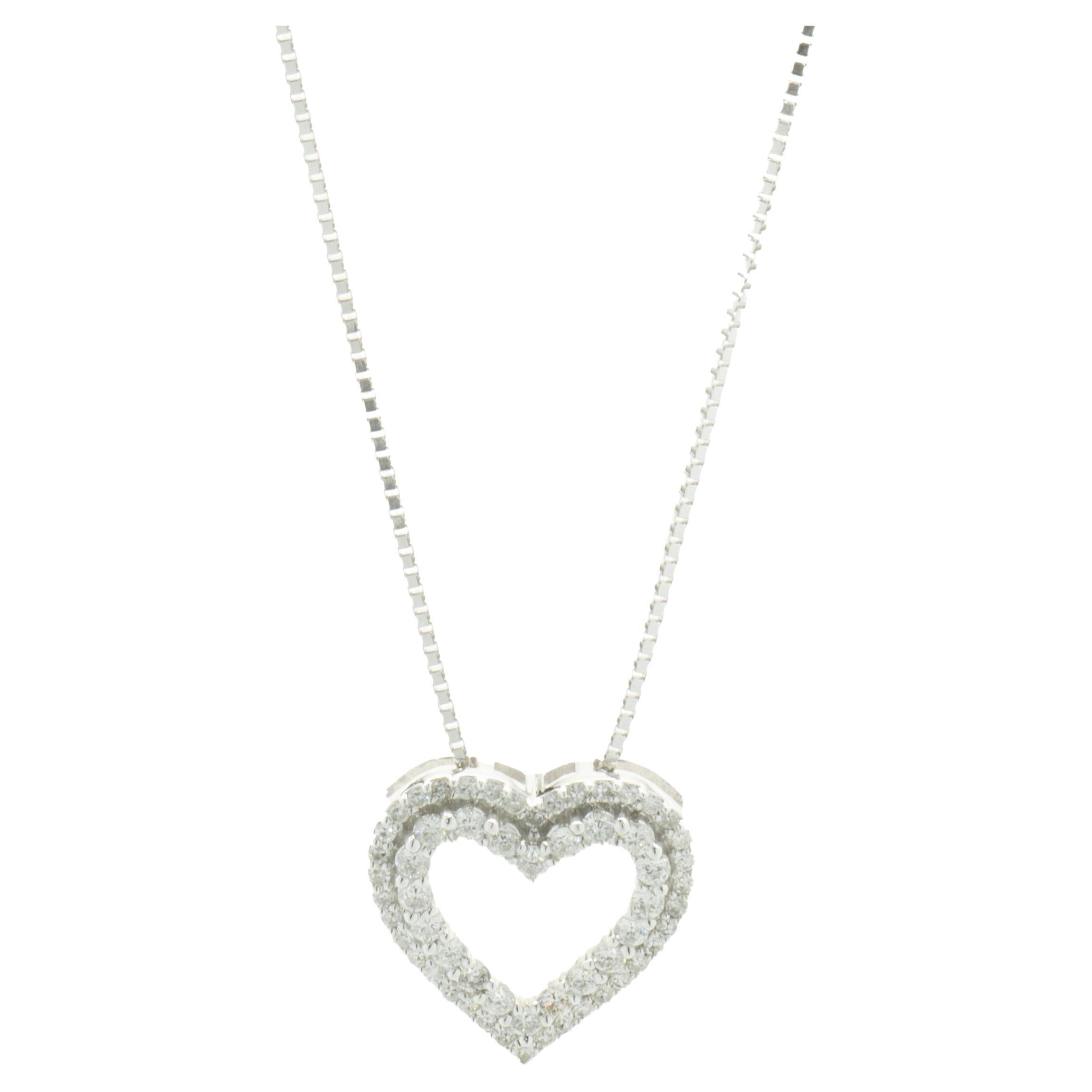 10 Karat White Gold Pave Diamond Open Heart Necklace For Sale