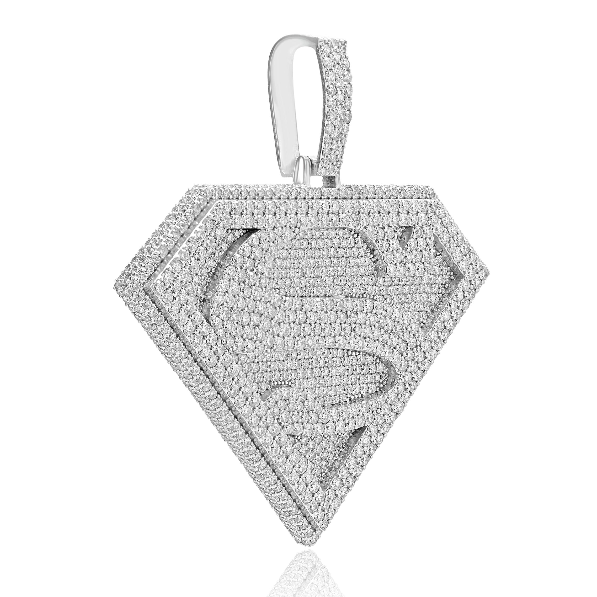 Designer: custom
Material: 10K white gold
Diamonds: round brilliant cut = 9.55cttw
Color: G - I
Clarity: VS2-SI1
Dimensions: pendant measures 67.8 x 70mm
Weight: 45.5 grams