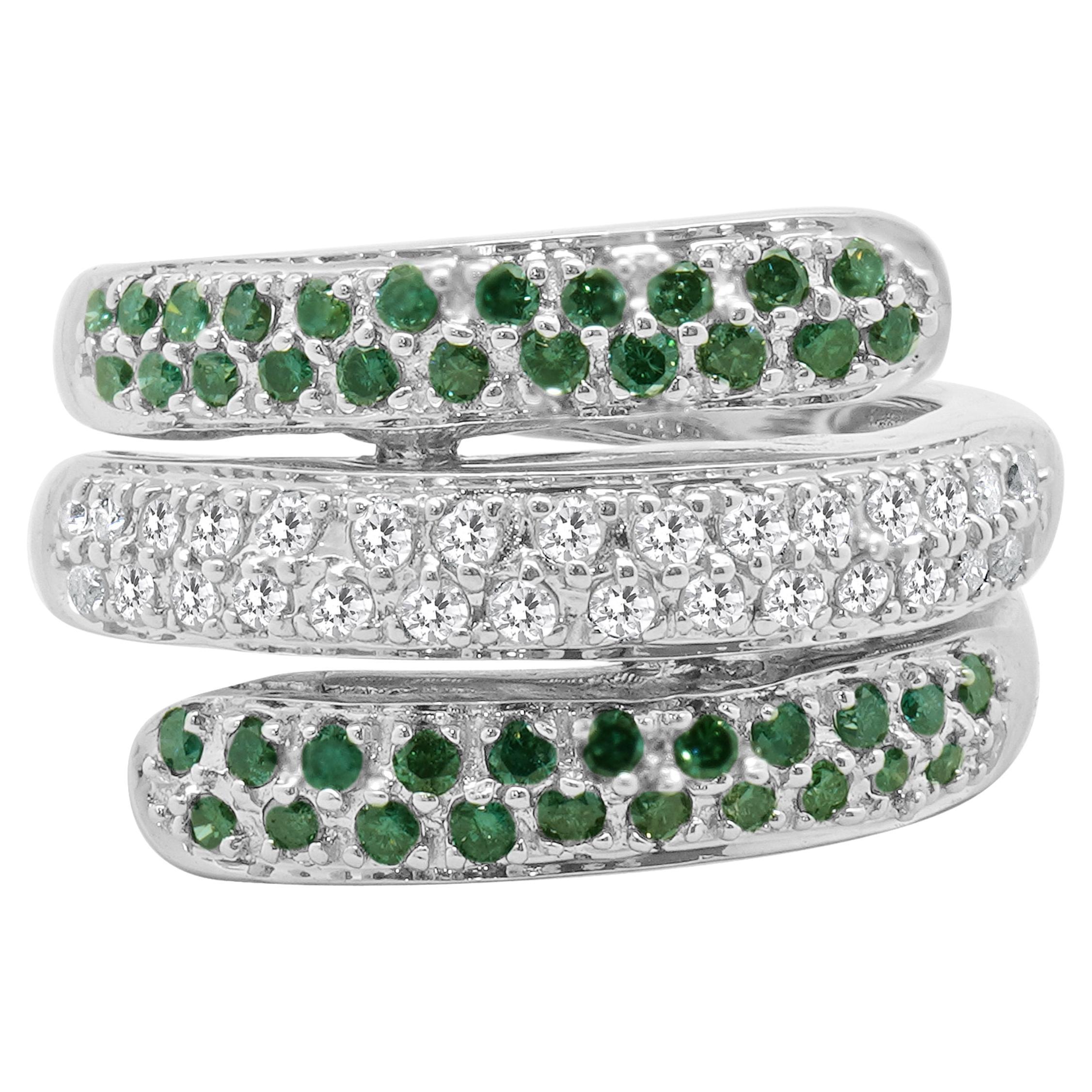 10 Karat White Gold Pave Green & White Diamond Three Row Bypass Ring