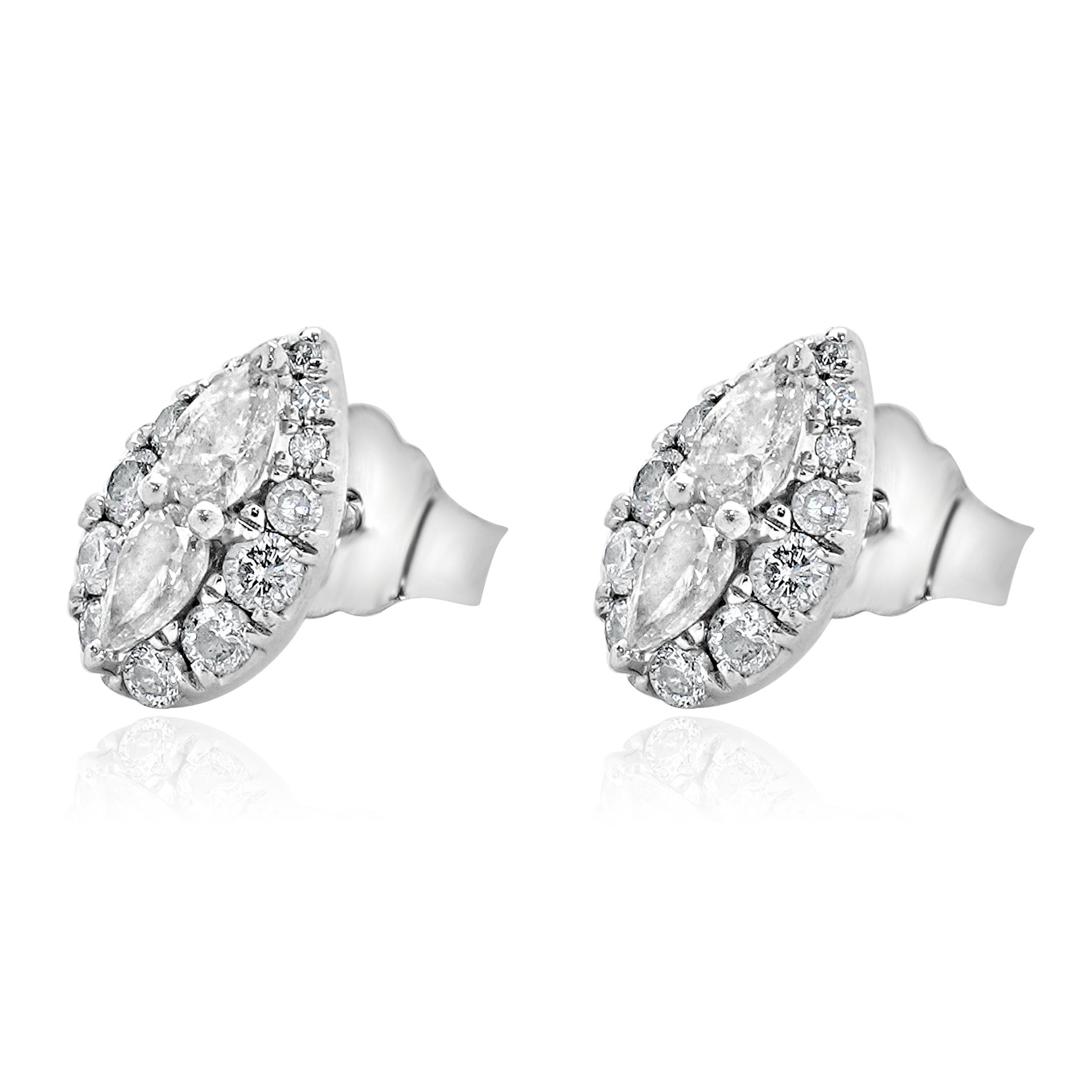 Designer: custom design
Material: 10K white gold
Diamonds: 4 pear & 26 round single cut = 0.40cttw
Color: I / J
Clarity: I1-2
Dimensions: earrings measure 9mm 
Weight: 1.24 grams
