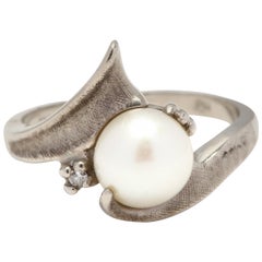 10 Karat White Gold, Pearl and Diamond Bypass Ring