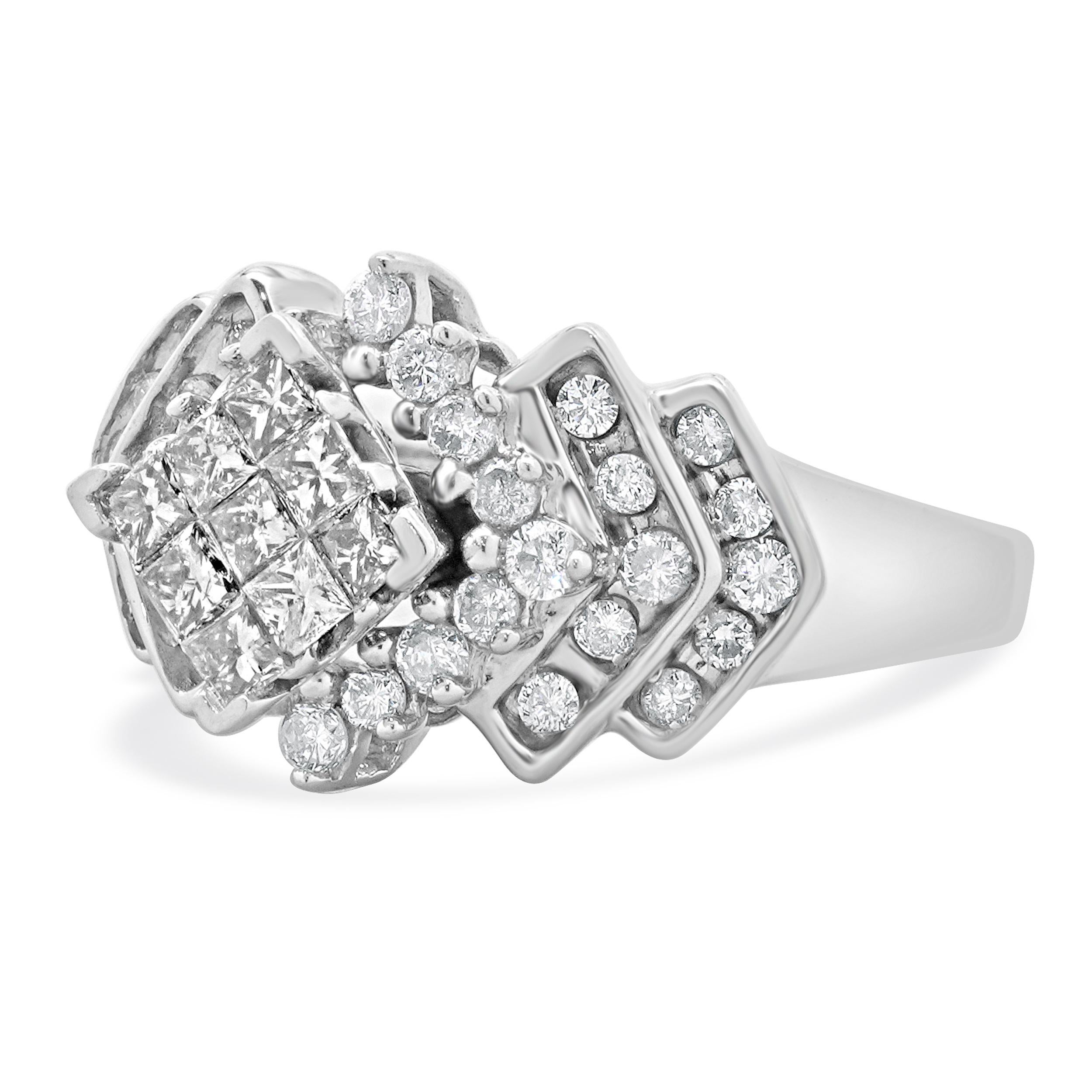 Designer: custom
Material: 10K white gold
Center Diamond: 9 princess cut = 0.45cttw
Color : I/J
Clarity : SI2
Diamond: 36 round brilliant cut = 0.72cttw
Color : J
Clarity : SI2
Size: 7 complimentary sizing available 
Weight: 5.59 grams
