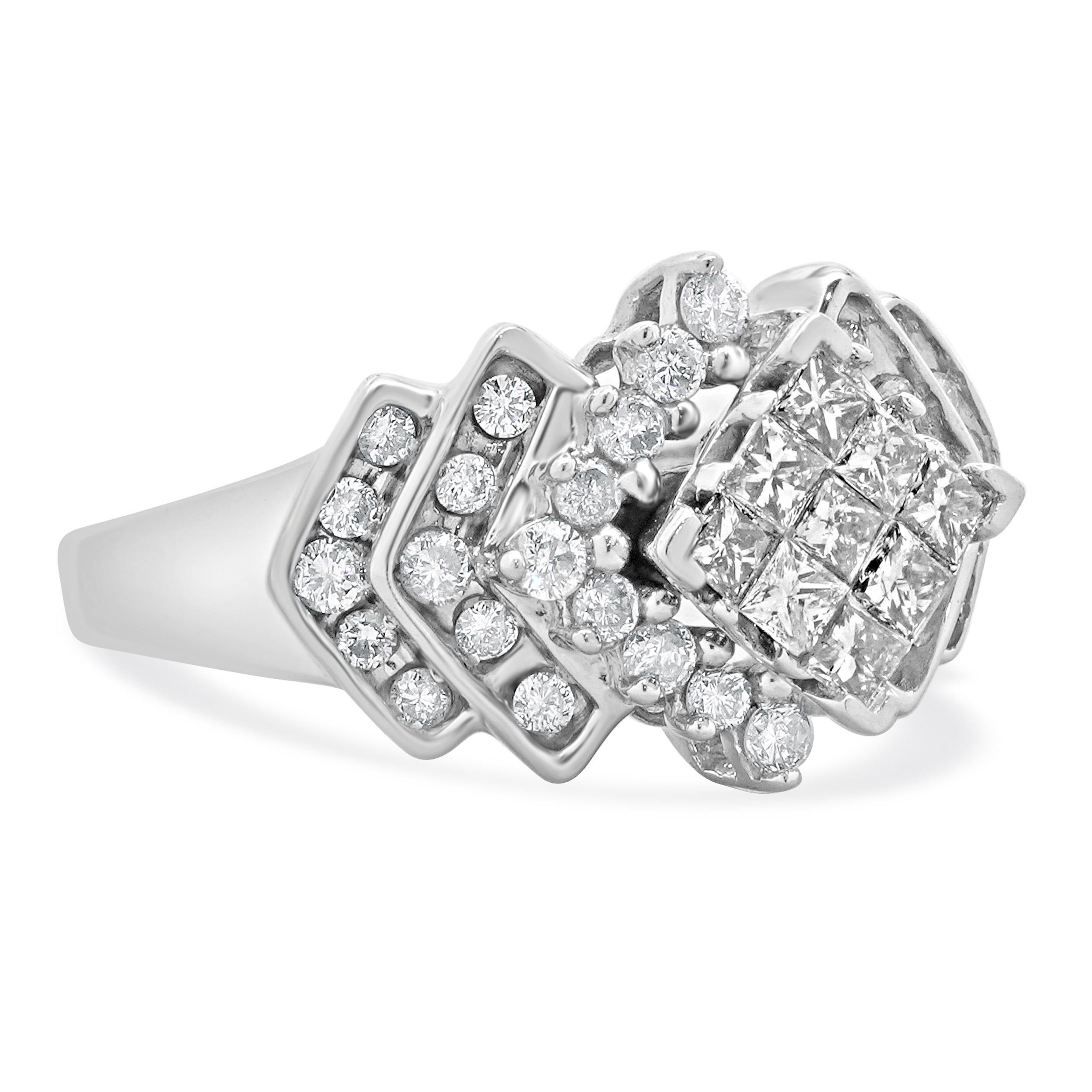 Women's 10 Karat White Gold Princess Cut Diamond Cluster Engagement Ring For Sale