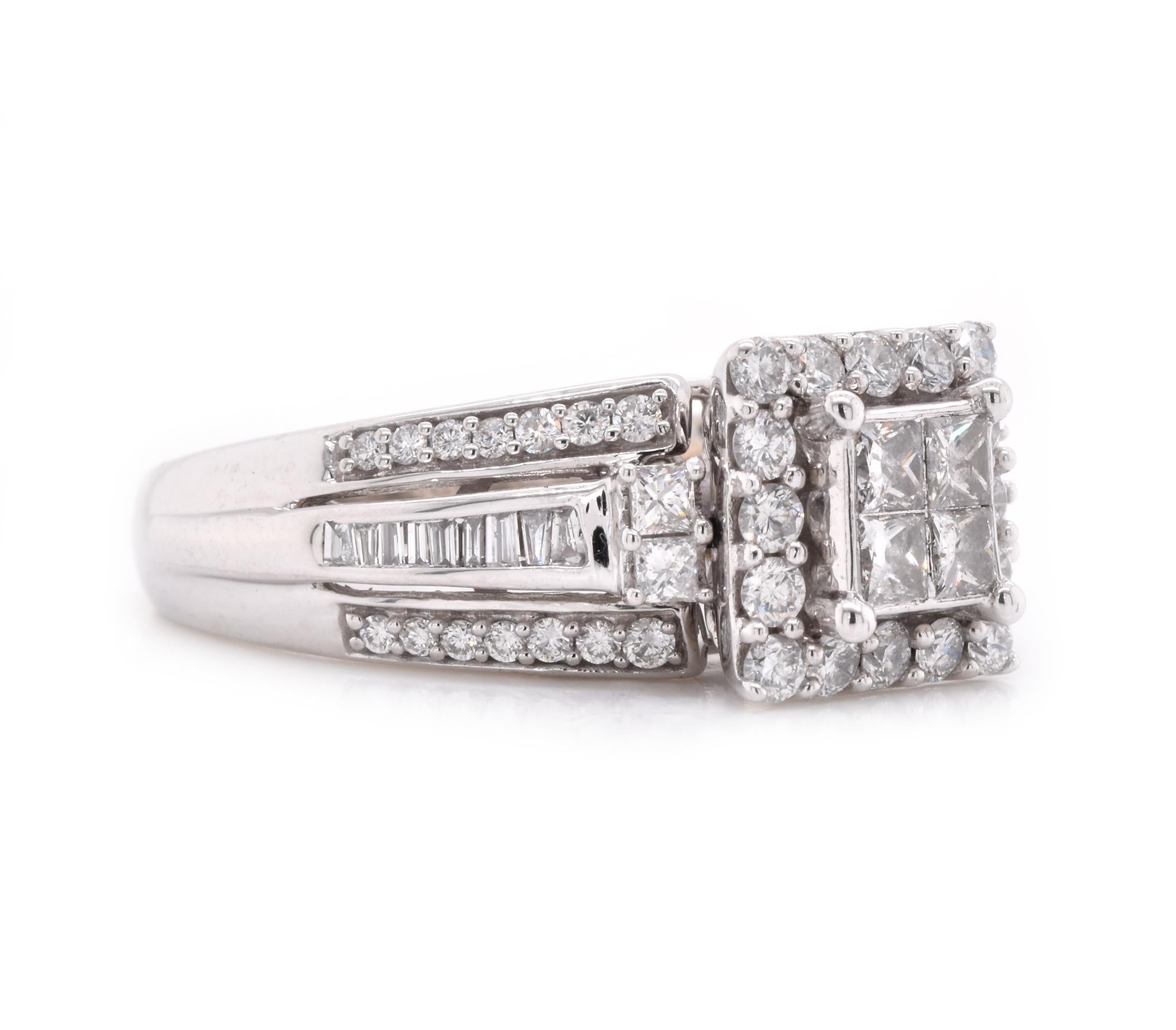 Designer: custom
Material: 10K white gold
Diamond: princess, round and baguette cut = 1.25cttw
Color: H/I
Clarity: SI1
Ring Size: 7.25 (please allow up to 2 additional business days for sizing requests)
Dimensions: ring top measures 9.2mm