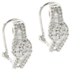 10 Karat White Gold Round and Baguette Cut Diamond Bypass J Style Hoop Earrings