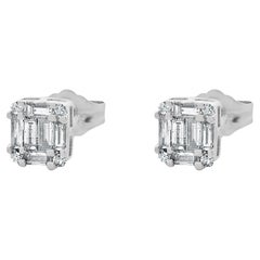 10 Karat White Gold Round and Baguette Cut Mosaic Set Diamond Stud Earrings