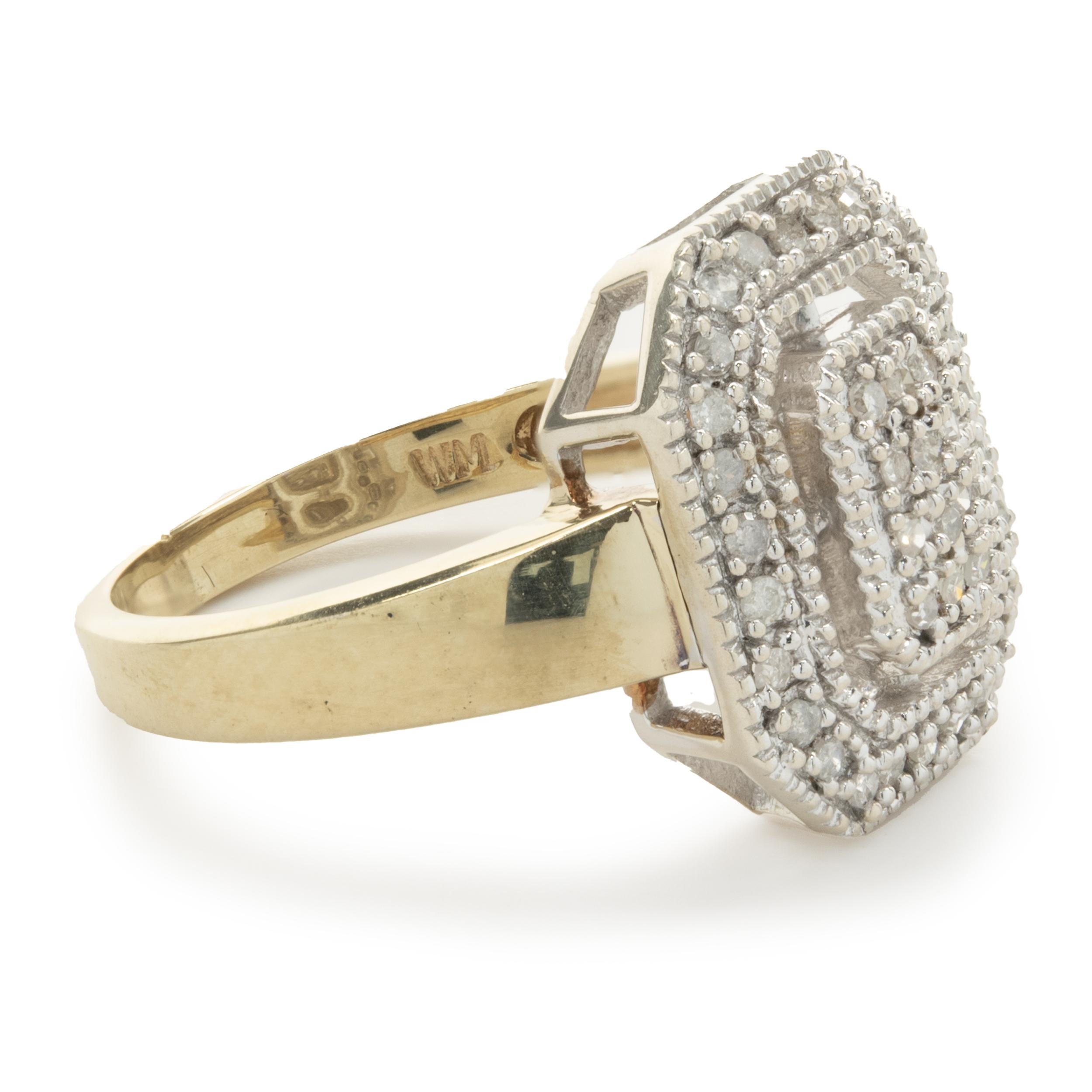 Round Cut 10 Karat Yellow and White Gold Vintage Diamond Elongated Fashion Ring For Sale