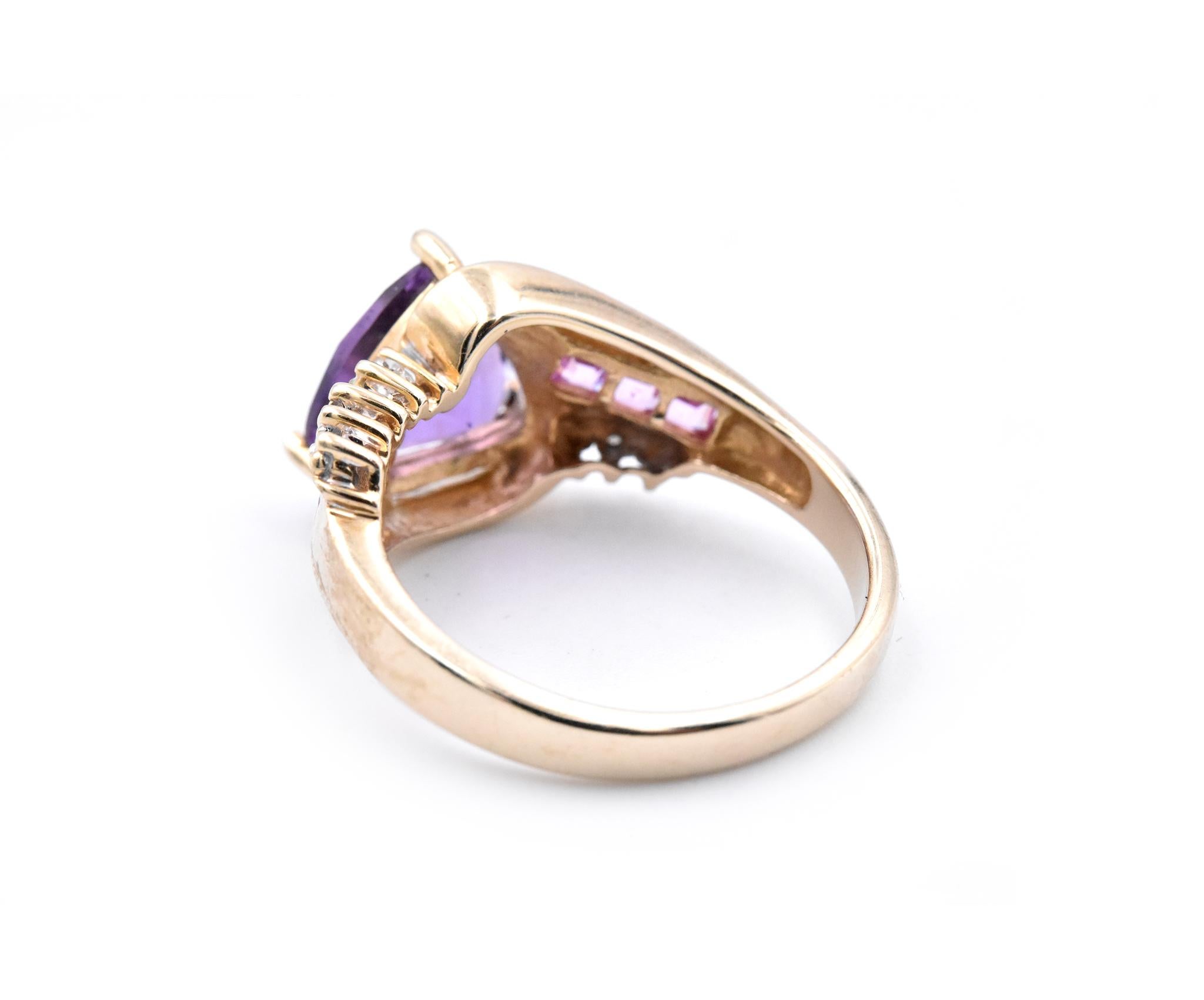 Trillion Cut 10 Karat Yellow Gold Amethyst and Diamond Ring For Sale