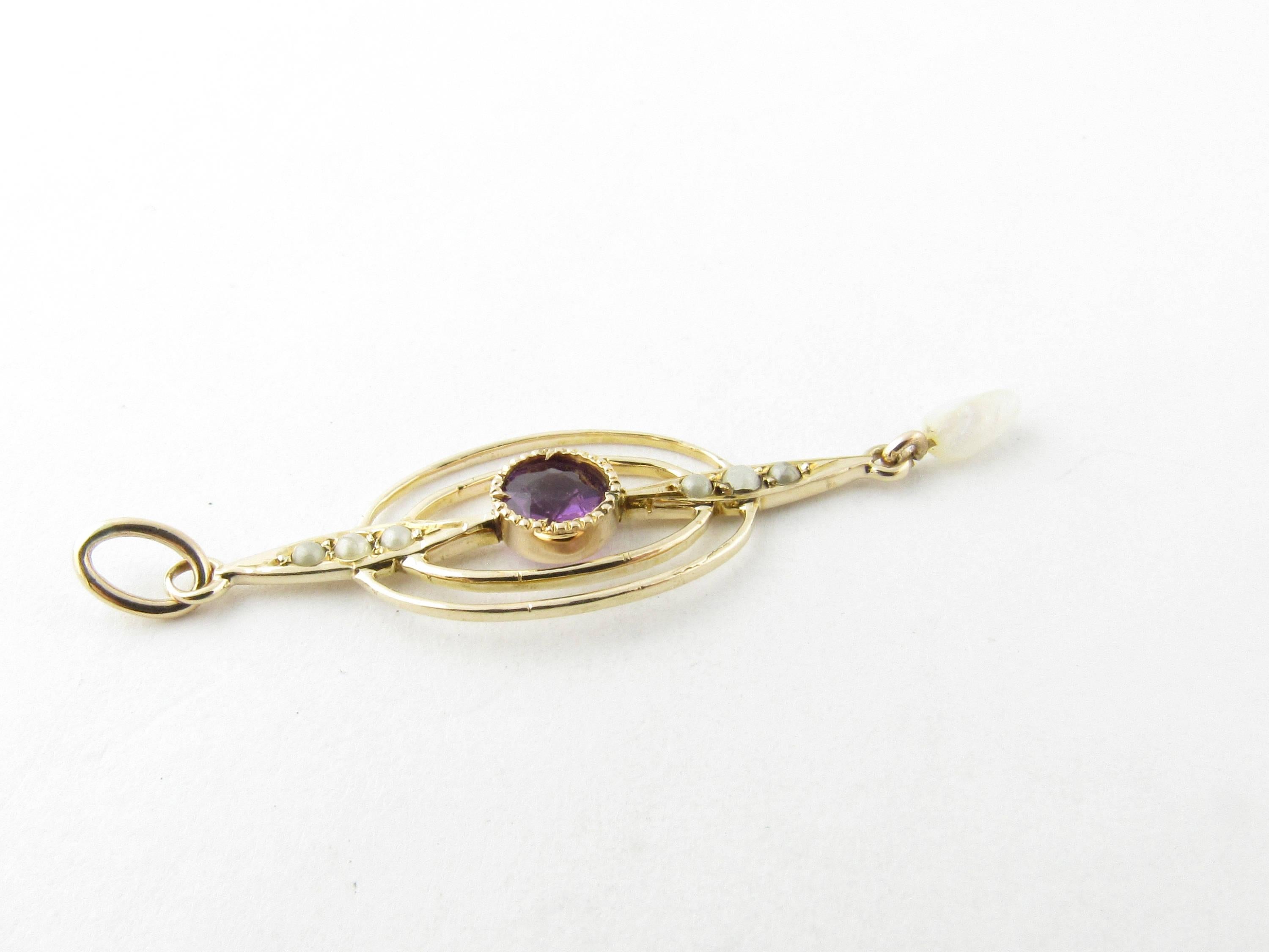 Round Cut 10 Karat Yellow Gold Amethyst and Pearl Pendant For Sale