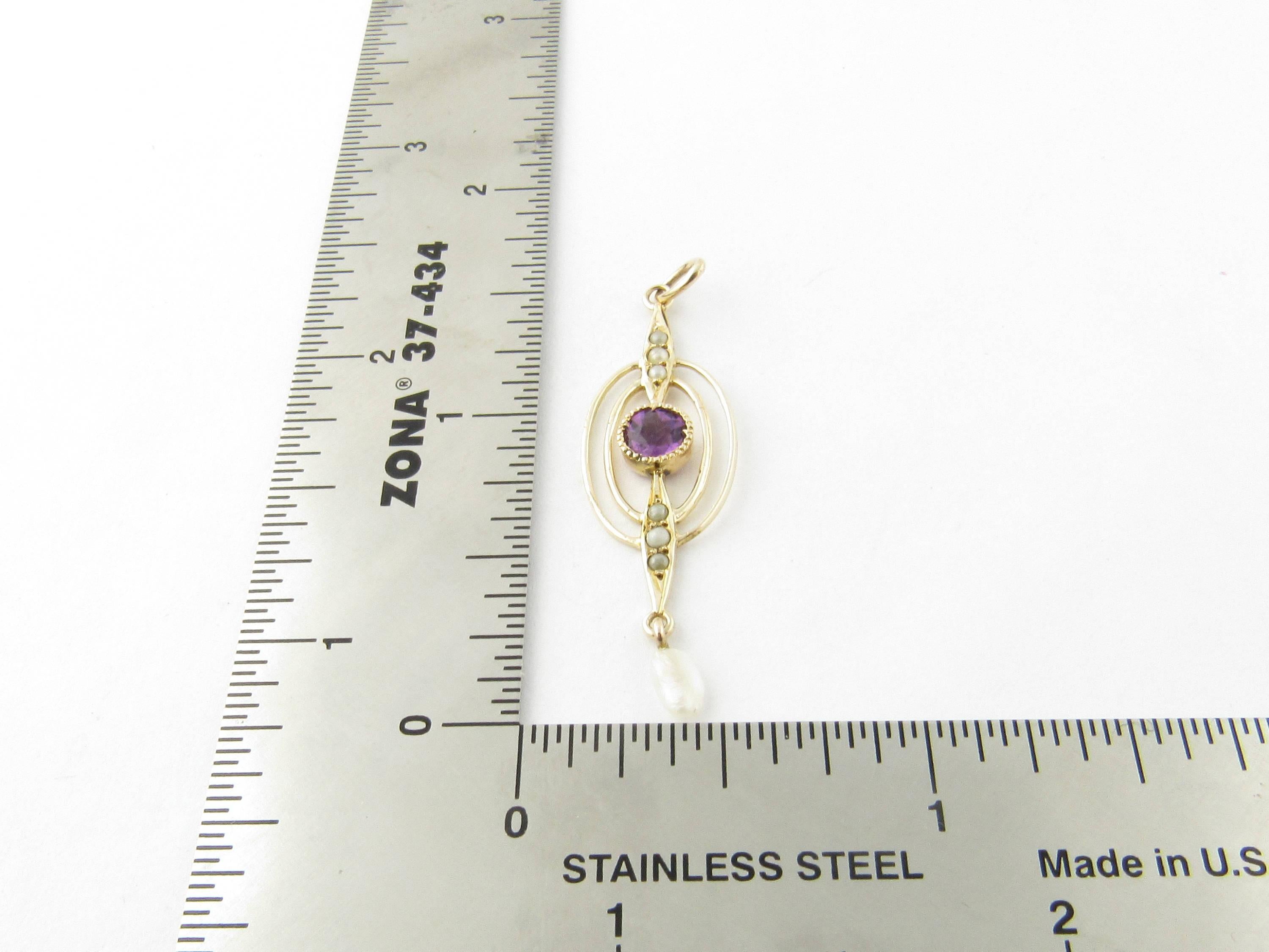 Women's 10 Karat Yellow Gold Amethyst and Pearl Pendant For Sale