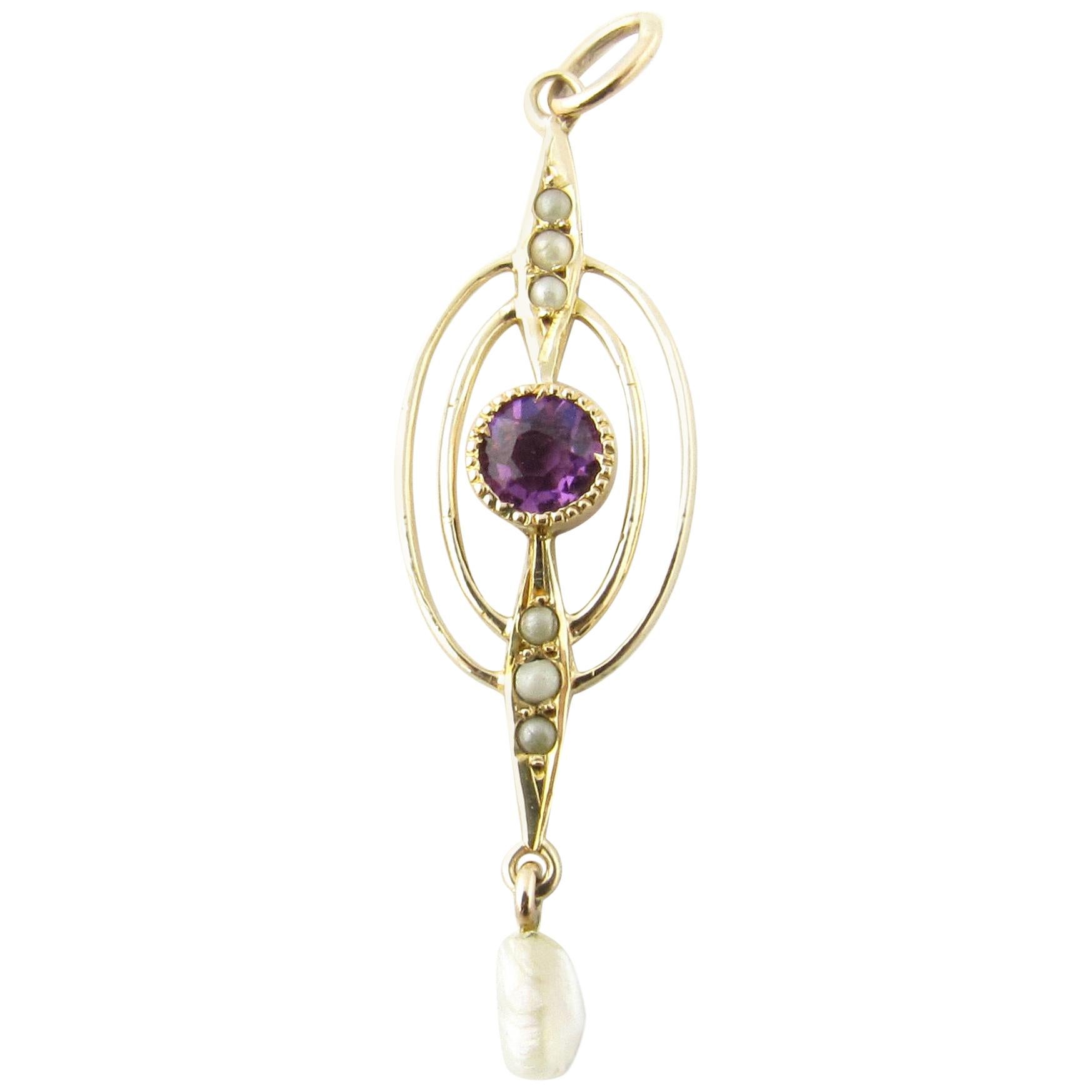 10 Karat Yellow Gold Amethyst and Pearl Pendant For Sale