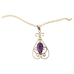 10 Karat Yellow Gold Genuine Amethyst and Pearl Pendant Necklace