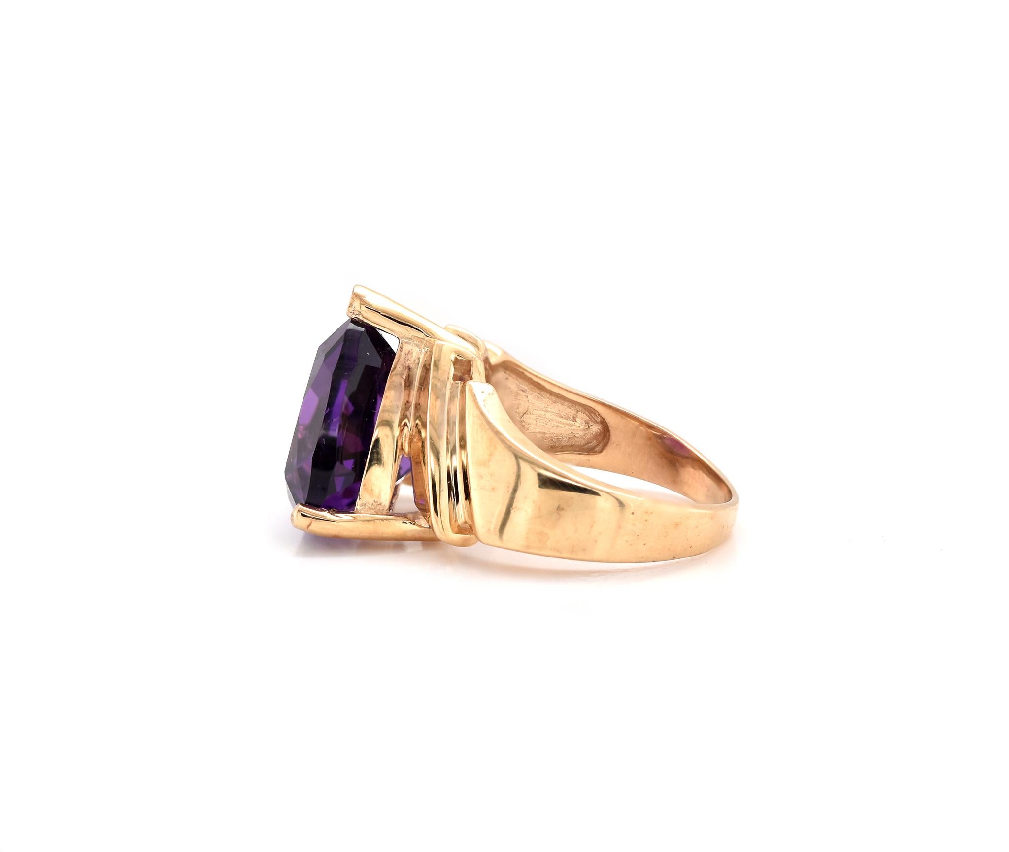 Material: 10K yellow gold
Amethyst: 1 trillion cut = 12.00ct
Ring Size: 6 (please allow up to 2 additional business days for sizing requests)
Dimensions: ring top measures 14.05mm wide
Weight: 5.66 grams
