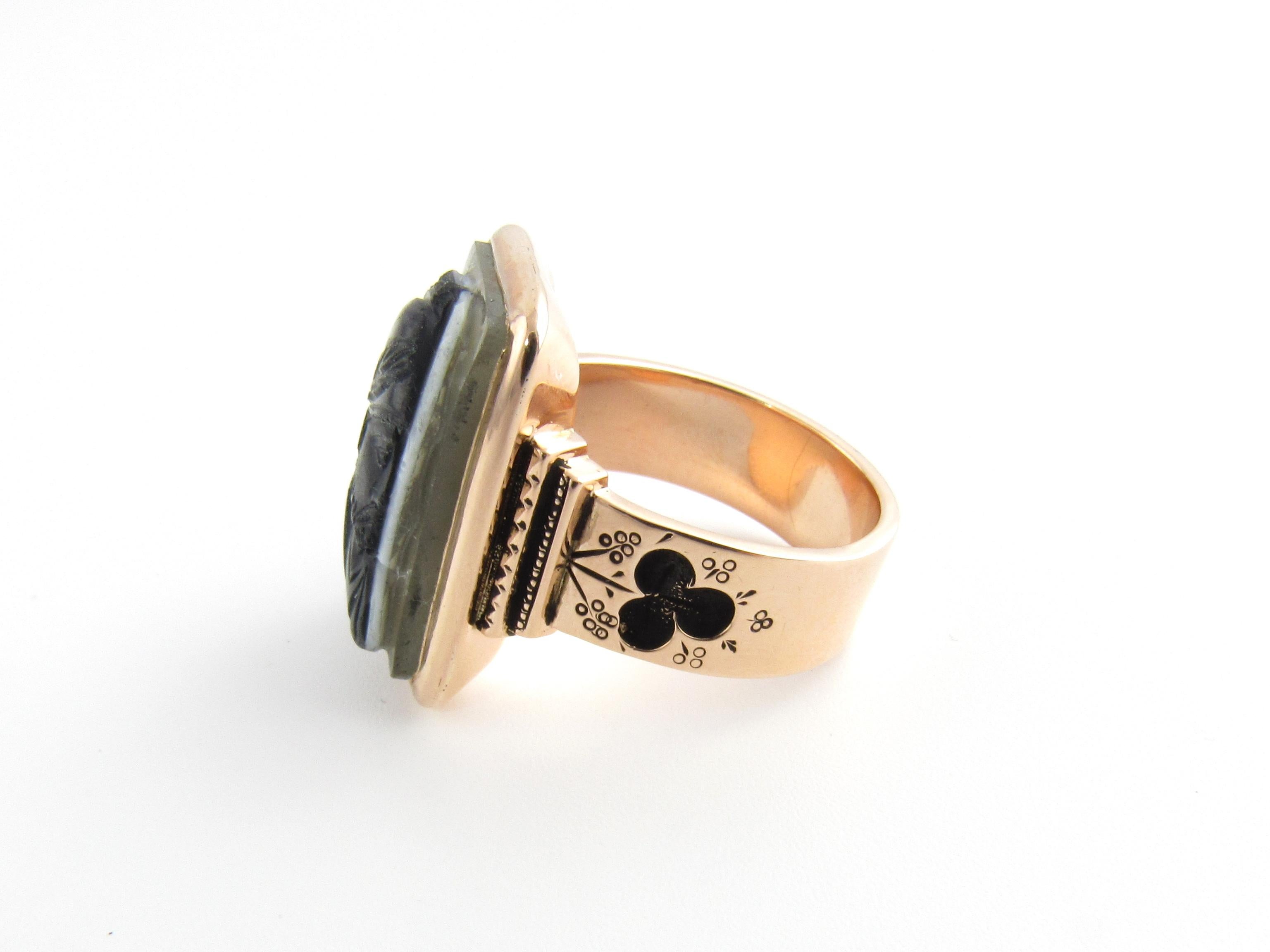 Vintage 10 Karat Yellow Gold and Onyx Cameo Ring Size 8.5

This elegant cameo ring features a noble soldier in profile crafted in black onyx and set in beautifully detailed 10K yellow gold. Top of ring measures 22 mm x 16 mm. Shank measures 7