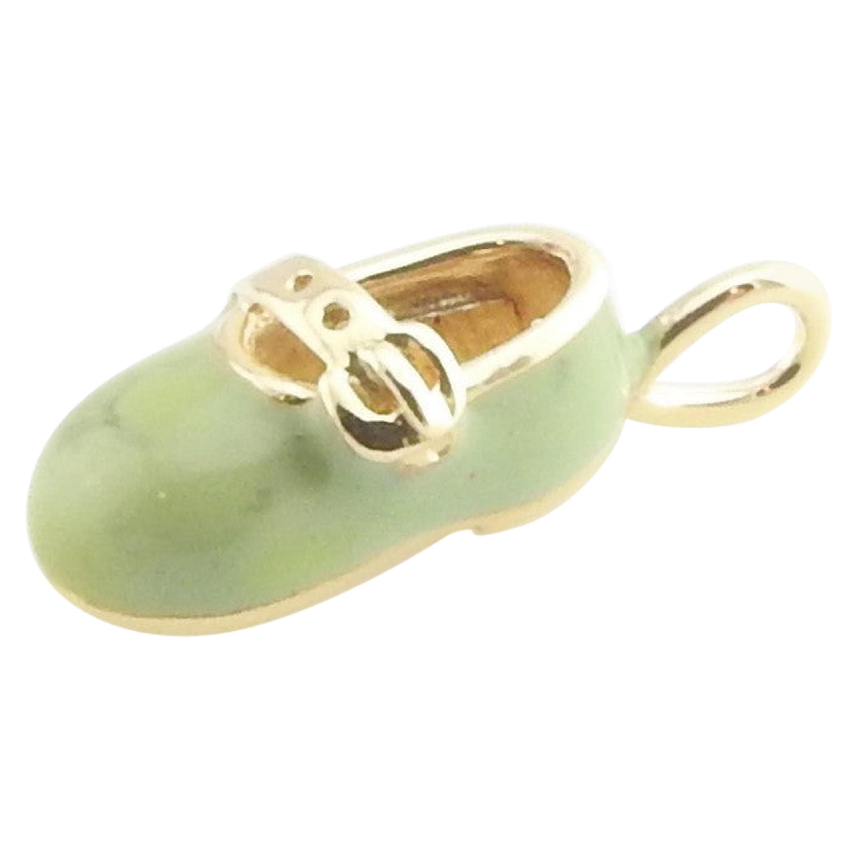 10 Karat Yellow Gold and Light Green Enamel Baby Shoe Charm