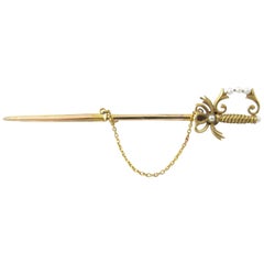Vintage 10 Karat Yellow Gold and Pearl Sword Brooch or Pin