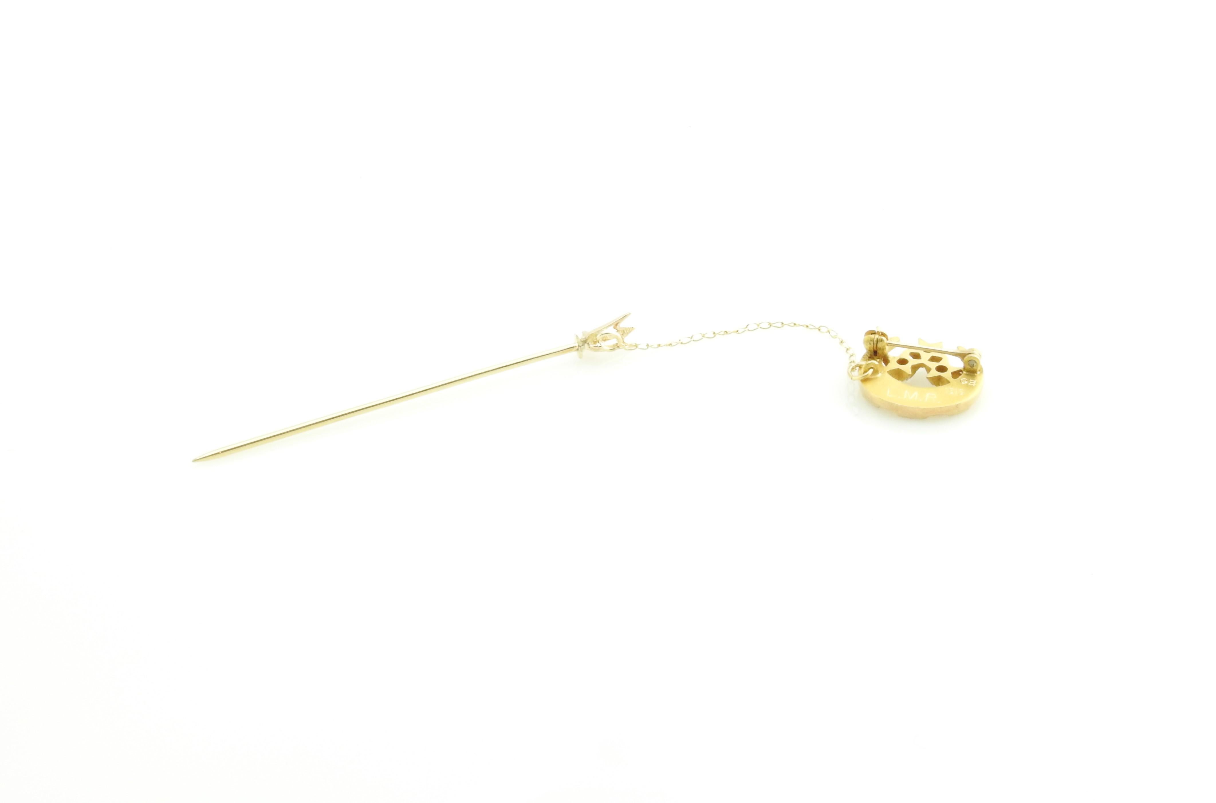 Round Cut 10 Karat Yellow Gold and Seed Pearl Crescent Moon Stick Pin