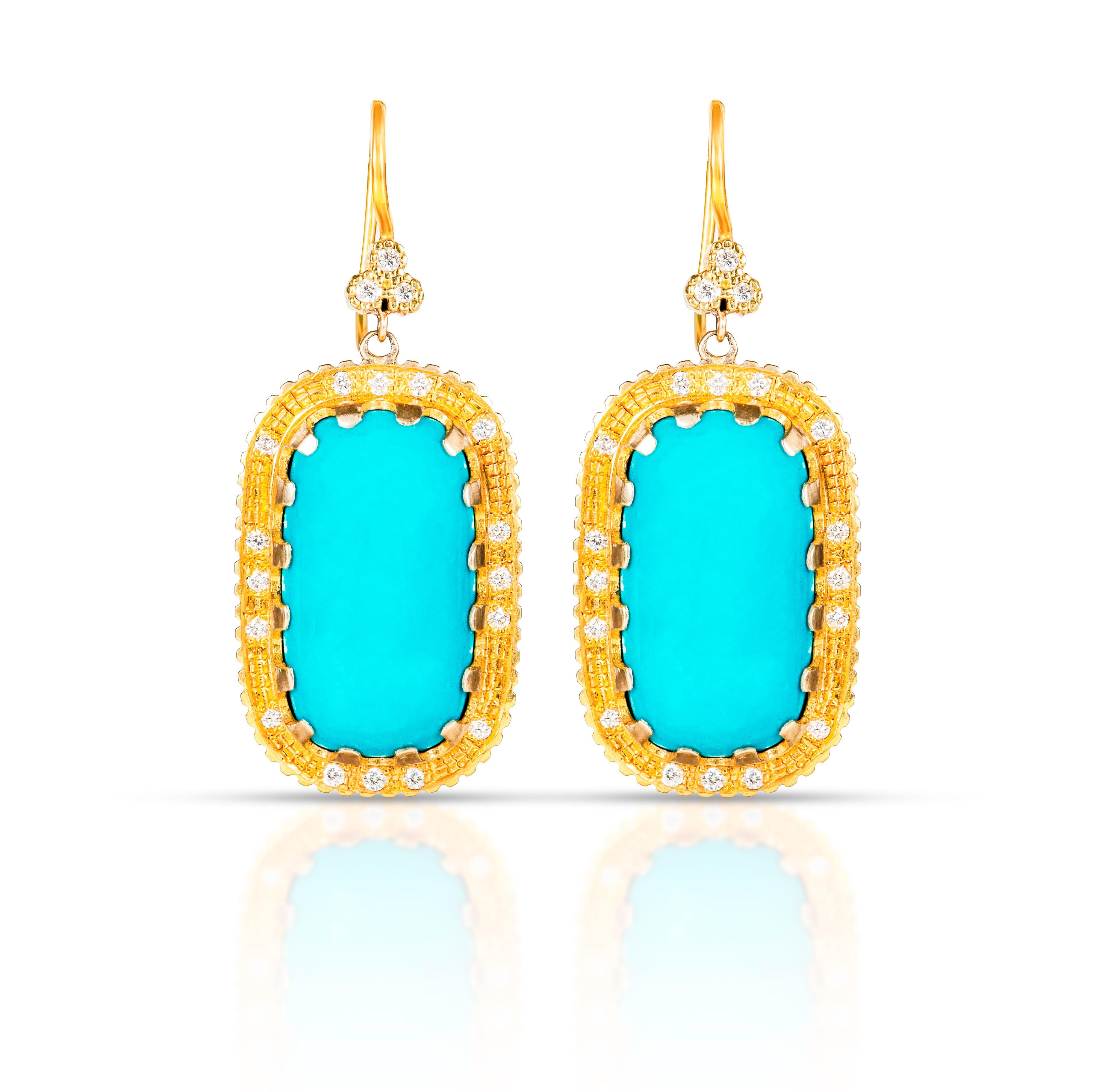 Cabochon 10 Karat Yellow Gold and Turquoise Diamond Earring Suneera For Sale