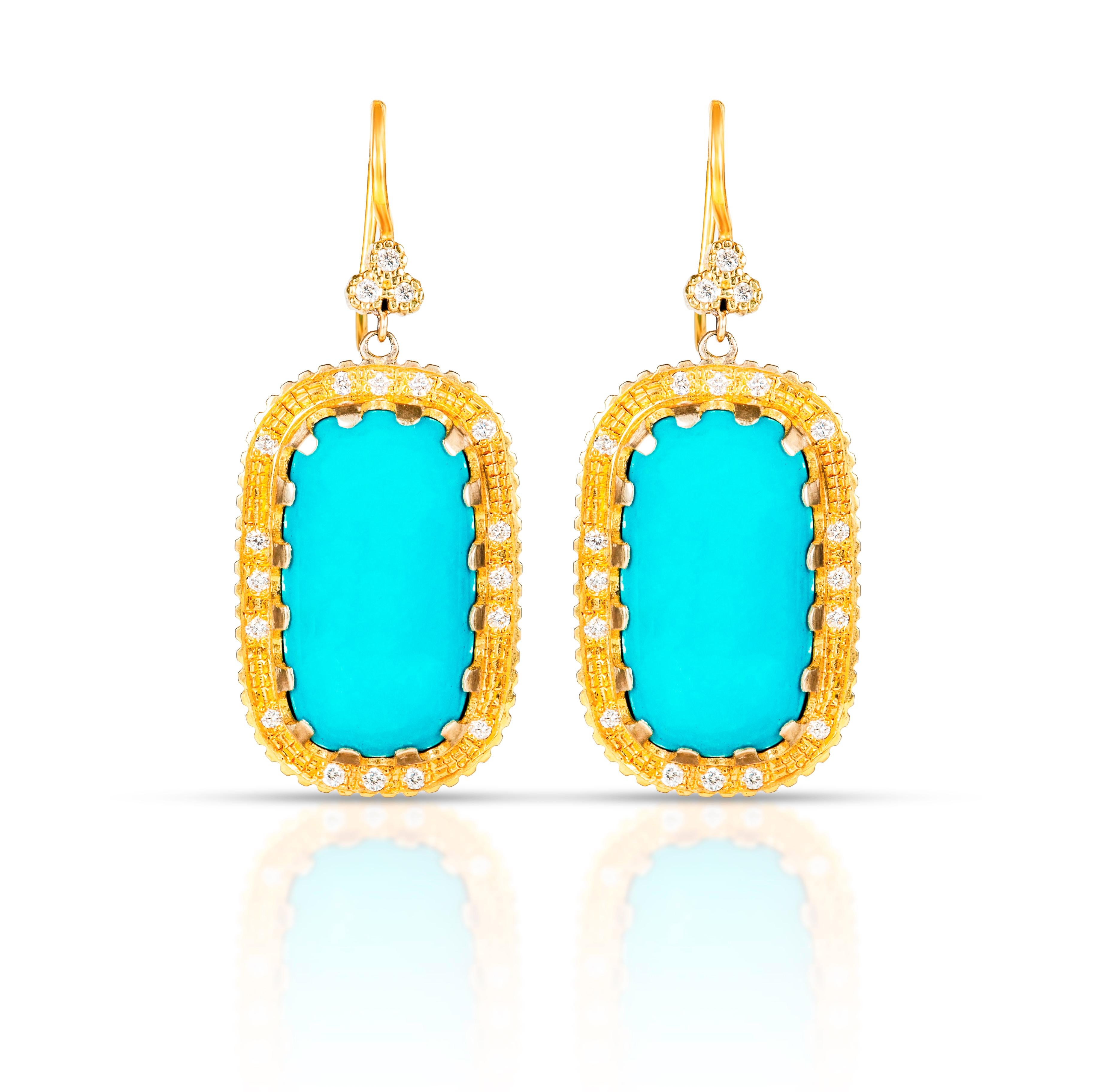 10 Karat Yellow Gold and Turquoise Diamond Earring Suneera For Sale