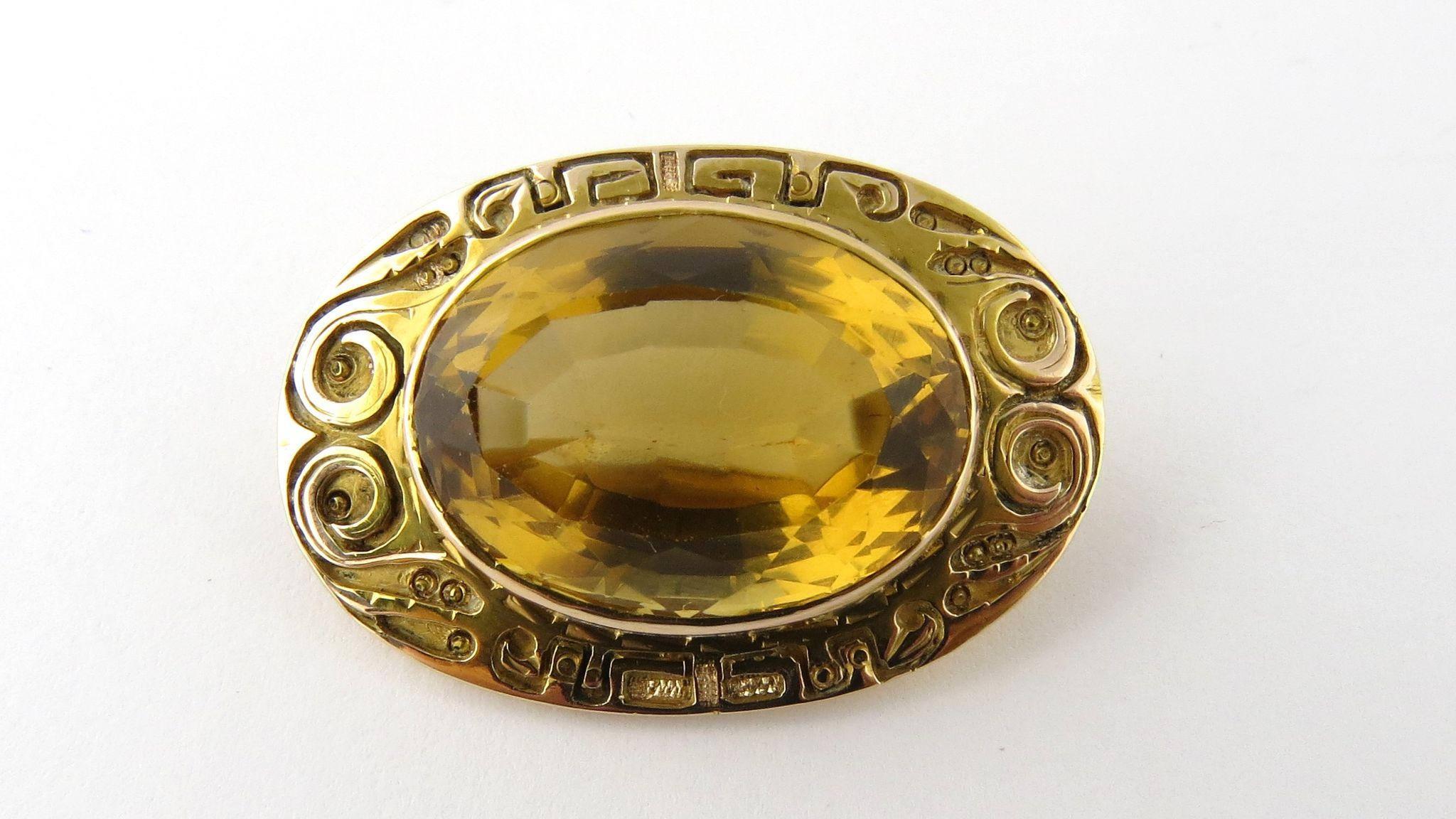 Women's 10 Karat Yellow Gold Bezel Set Large Oval Citrine Brooch with Hand Engraved Rim