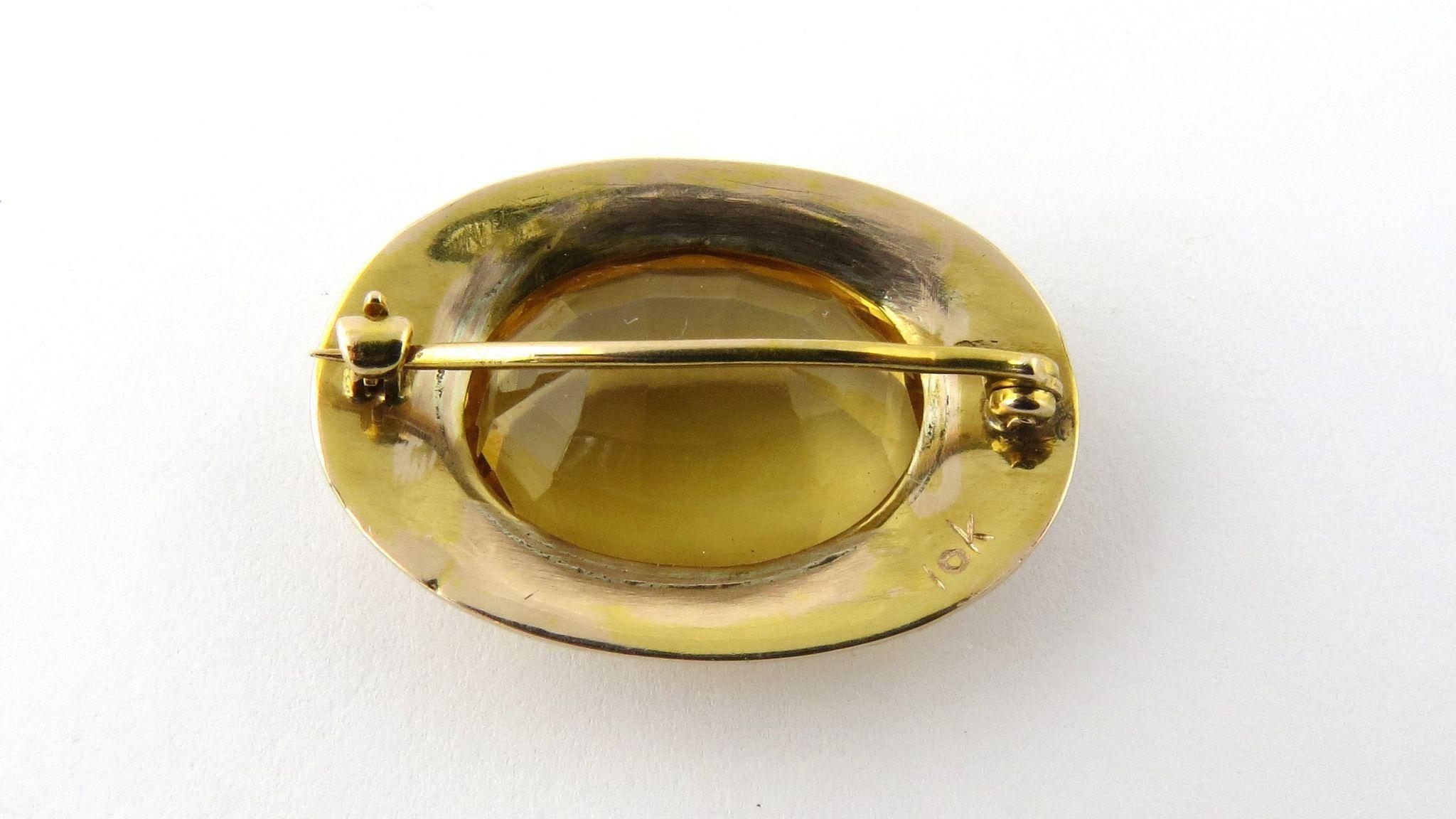 10 Karat Yellow Gold Bezel Set Large Oval Citrine Brooch with Hand Engraved Rim 1