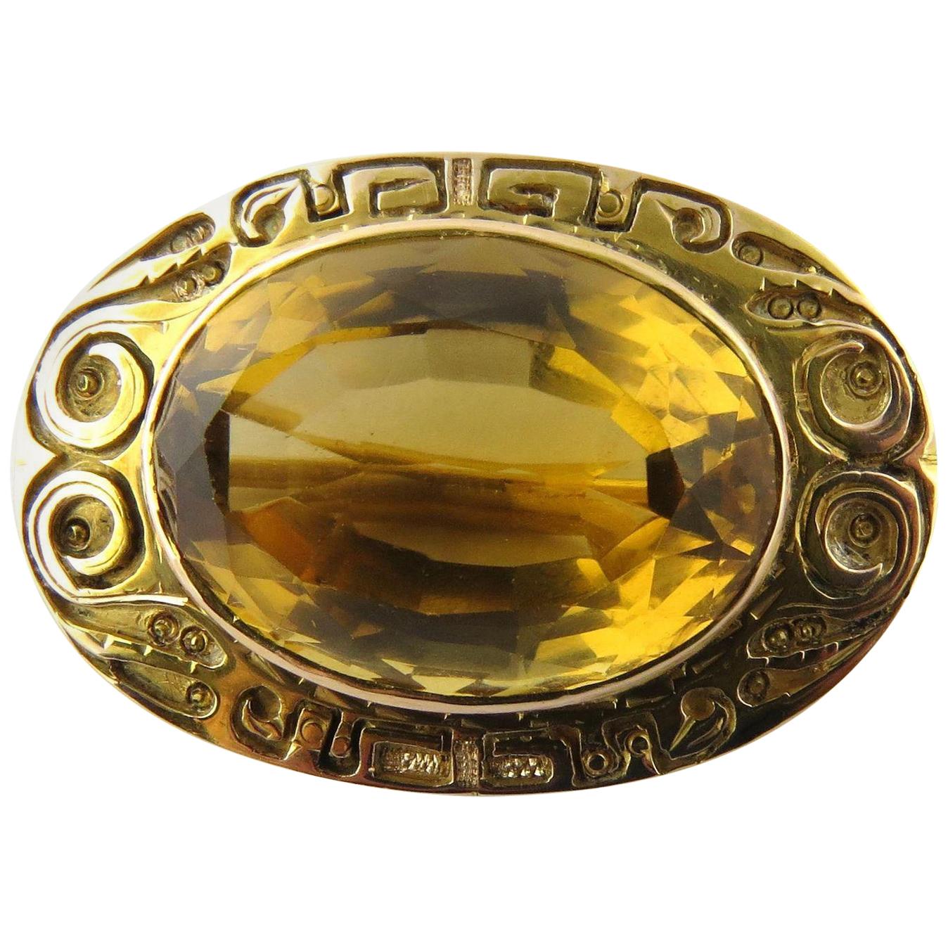 10 Karat Yellow Gold Bezel Set Large Oval Citrine Brooch with Hand Engraved Rim