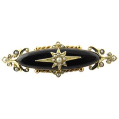 10 Karat Yellow Gold Black Onyx and Pearl Brooch