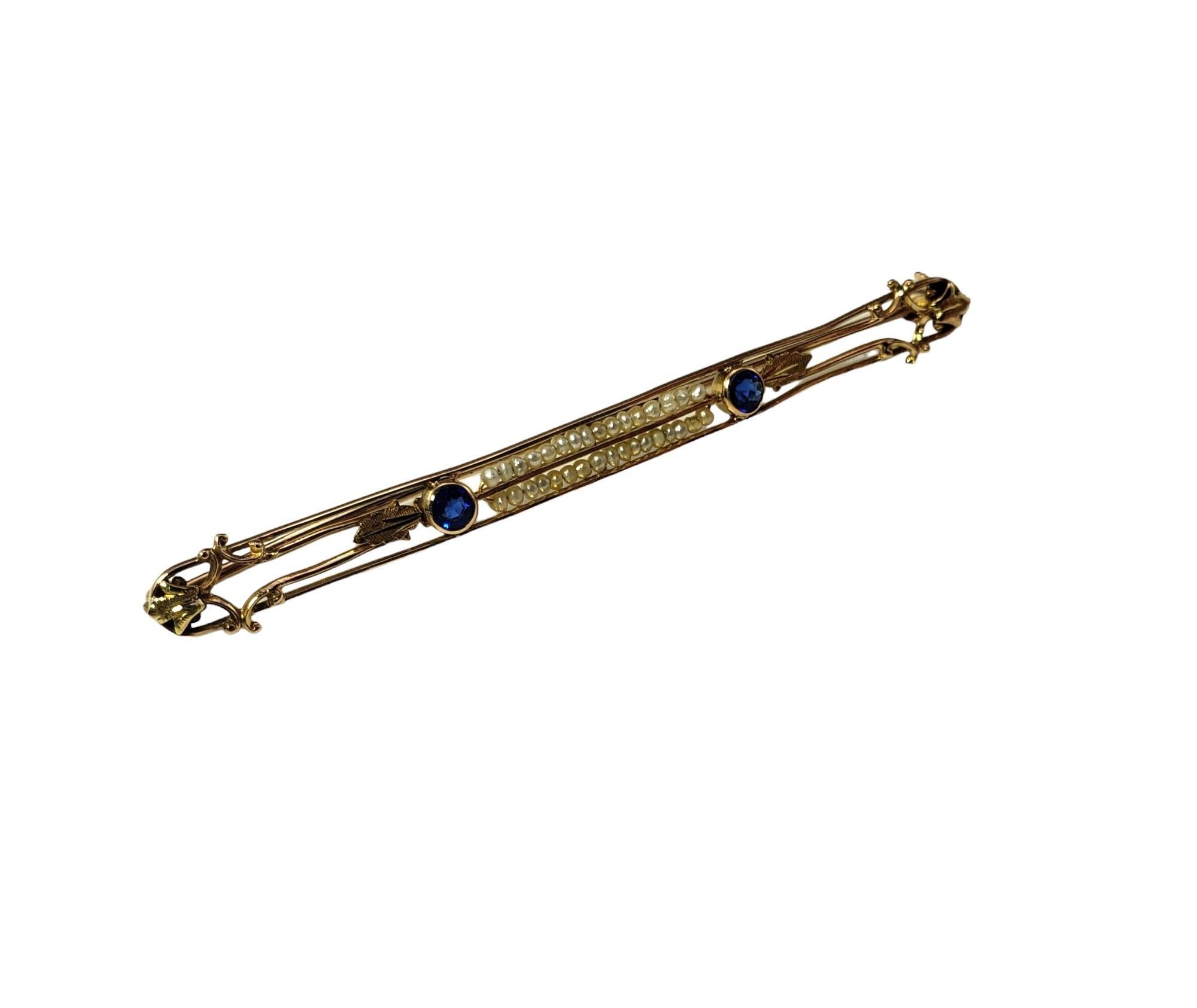 Round Cut 10 Karat Yellow Gold Blue Glass and Seed Pearl Pin #16034 For Sale