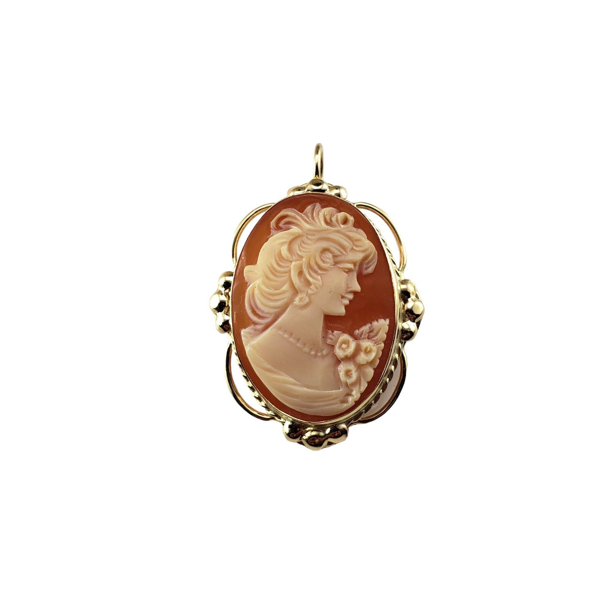 10 Karat Yellow Gold Cameo Brooch/Pendant-

This elegant cameo features a lovely lady in profile set in beautifully detailed 10K yellow gold. Can be worn as a brooch or a pendant.

Size: 37 mm x 24 mm

Weight: 3.3 dwt. / 5.2 gr.

Tested 10K
