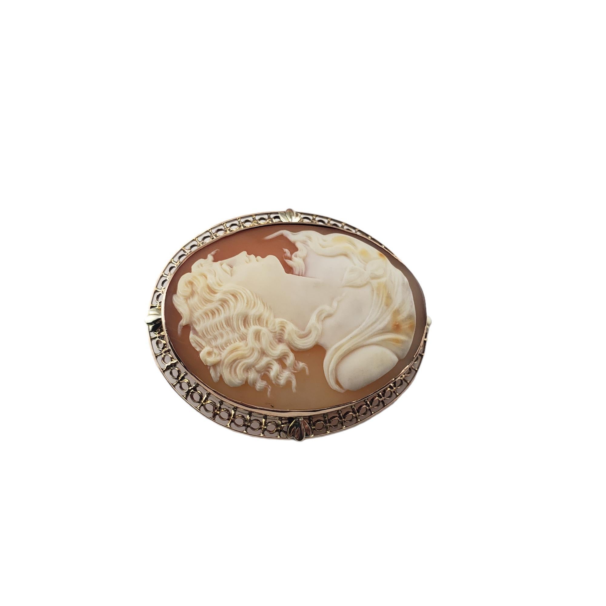 Vintage 10K Yellow Gold Cameo Brooch/Pendant-

This elegant cameo features a lovely lady in profile set in beautifully detailed 10K yellow gold.  Can be worn as a brooch or a pendant.

Size: 46 mm x 37 mm

Tested 10K gold.

Weight: 10.7 gr./ 6.9