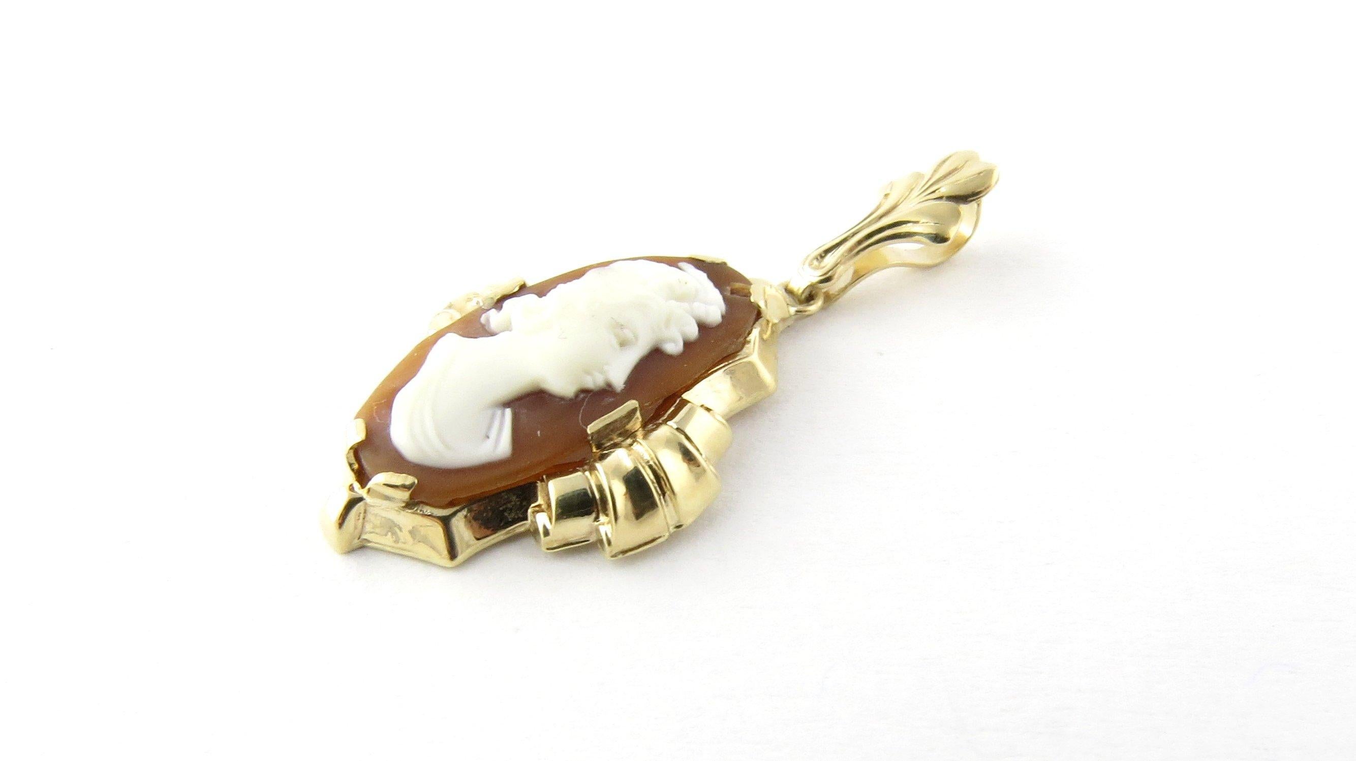 Vintage 10 Karat Yellow Gold Cameo Pendant-

This classic cameo pendant features a lovely lady in profile framed in beautifully detailed 10K yellow gold.

Size: 24 mm x 16 mm (actual pendant)

Weight: 0.8 dwt. / 1.3 gr.

Hallmark: 10K

Very good