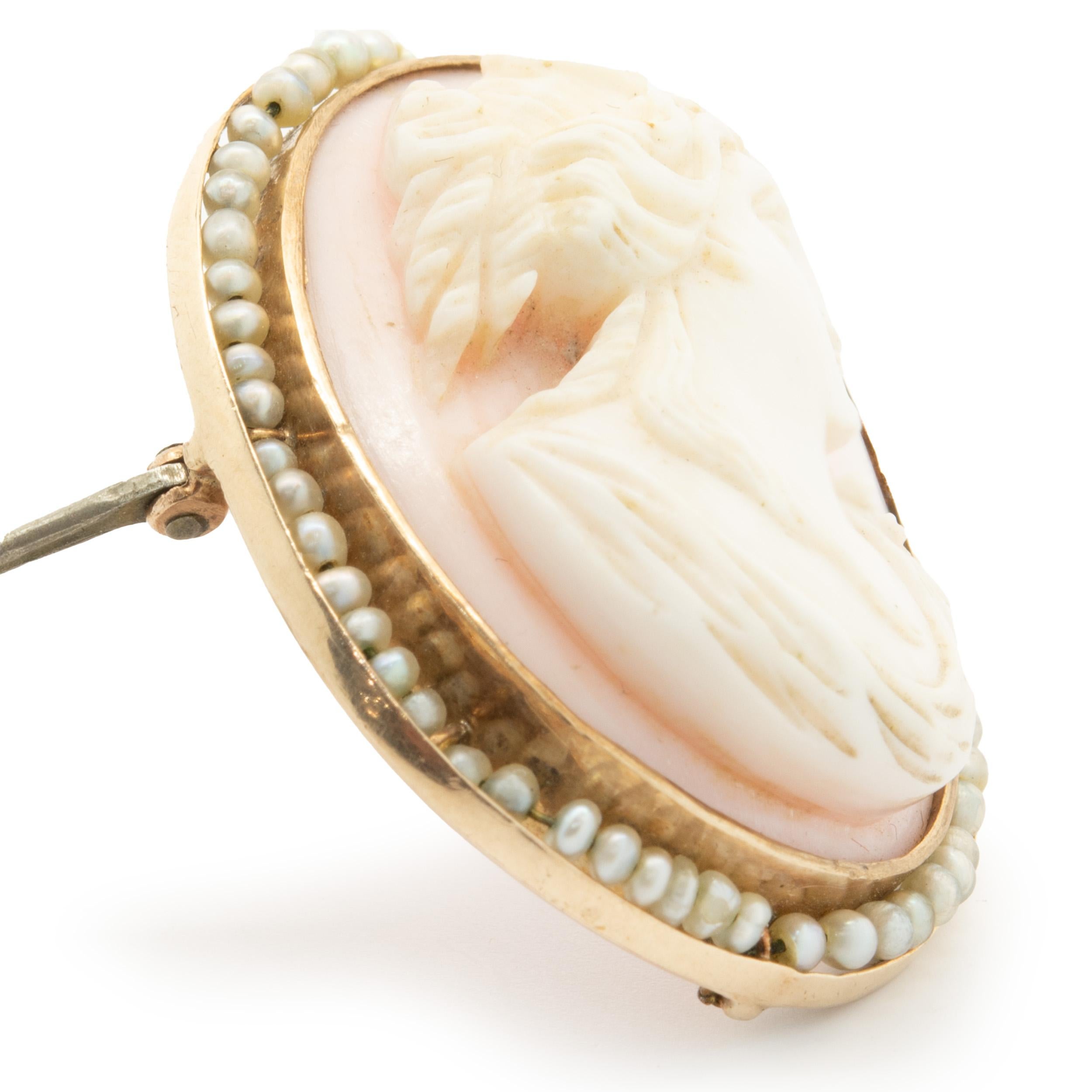Rough Cut 10 Karat Yellow Gold Cameo Pin with Seed Pearls For Sale